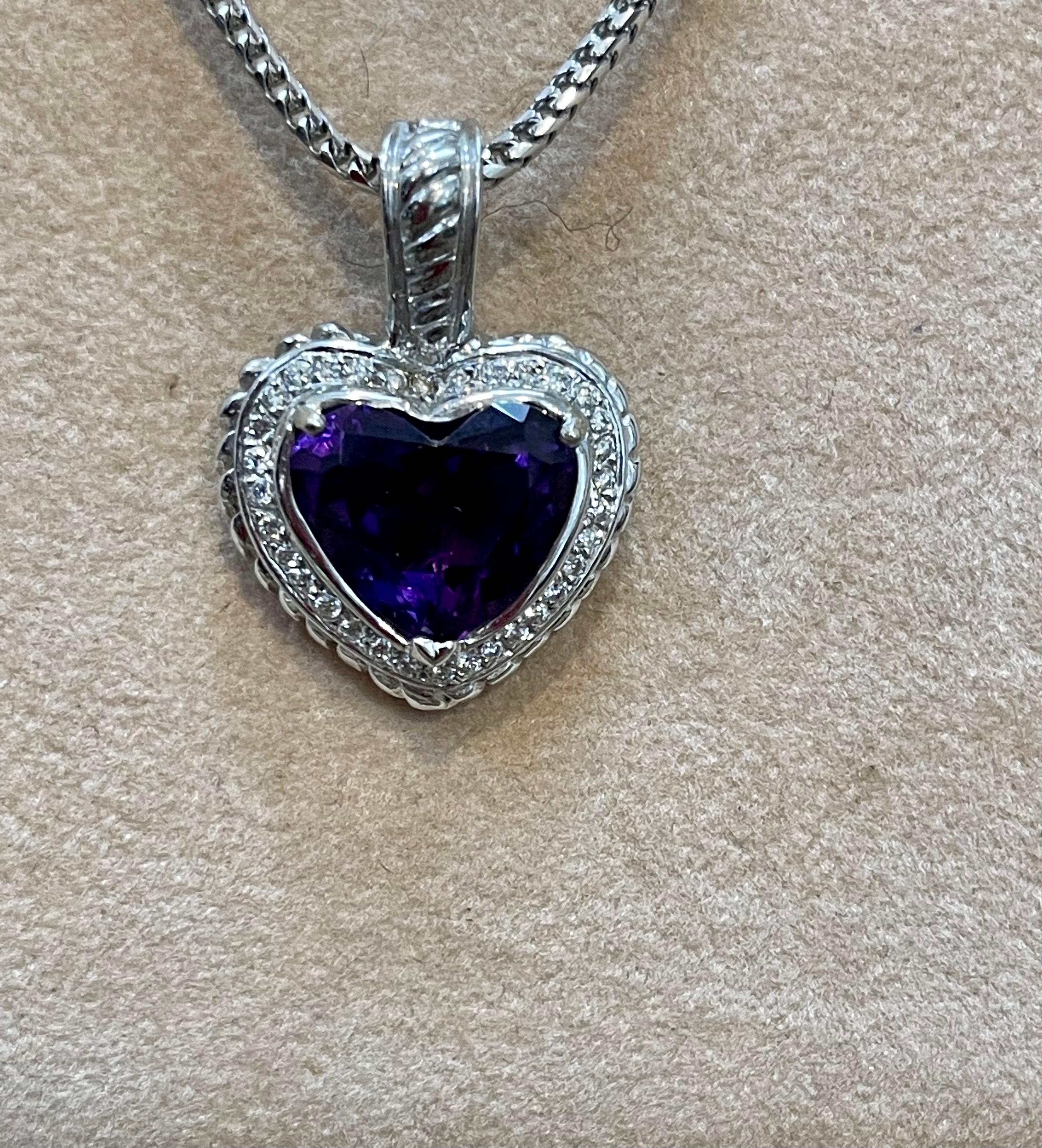 Heart Cut 10 Carat Heart Shape Amethyst & 1 Ct Diamond Pendant Necklace 18 Kt White Gold