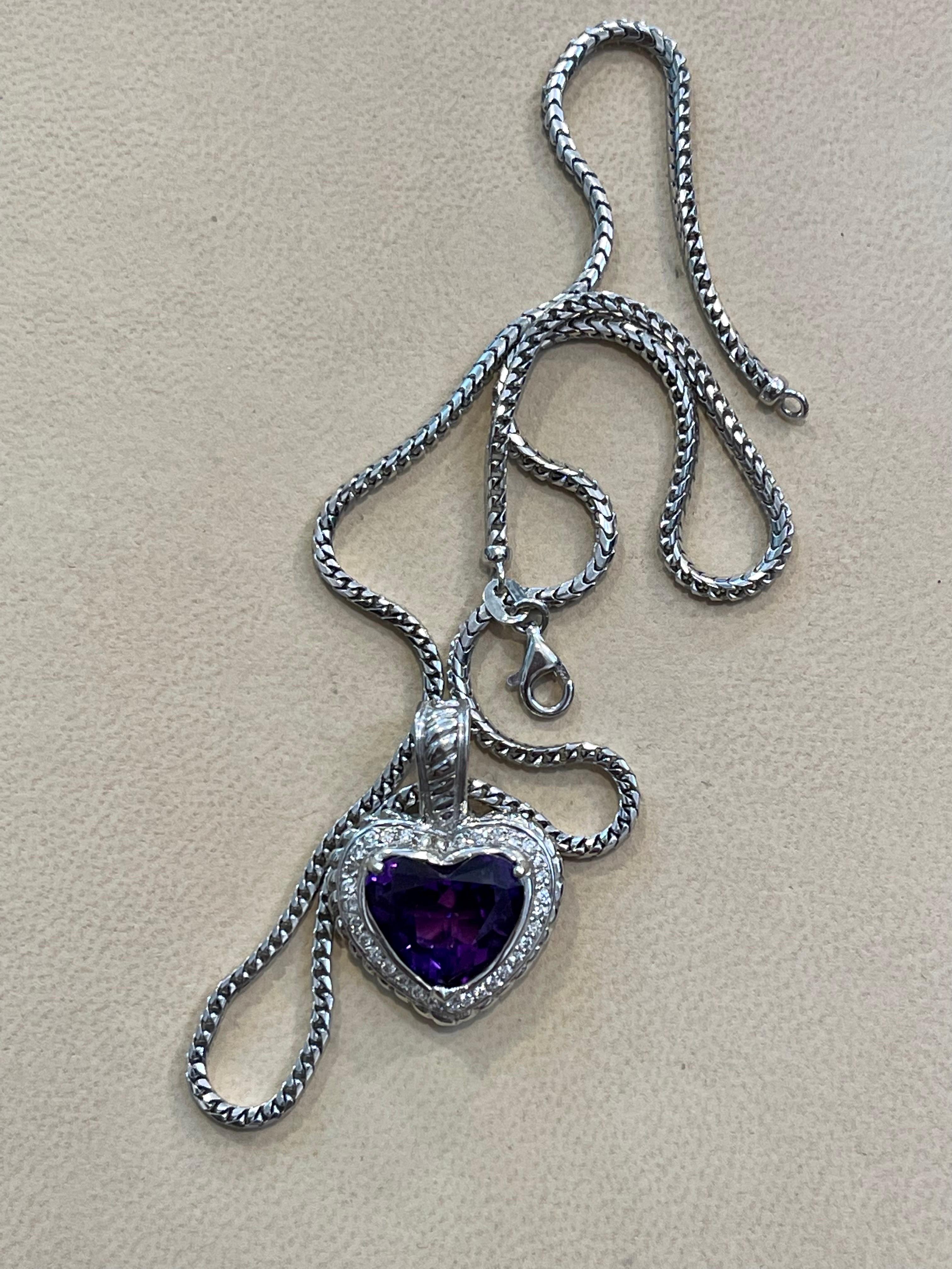 10 Carat Heart Shape Amethyst & 1 Ct Diamond Pendant Necklace 18 Kt White Gold In Excellent Condition In New York, NY