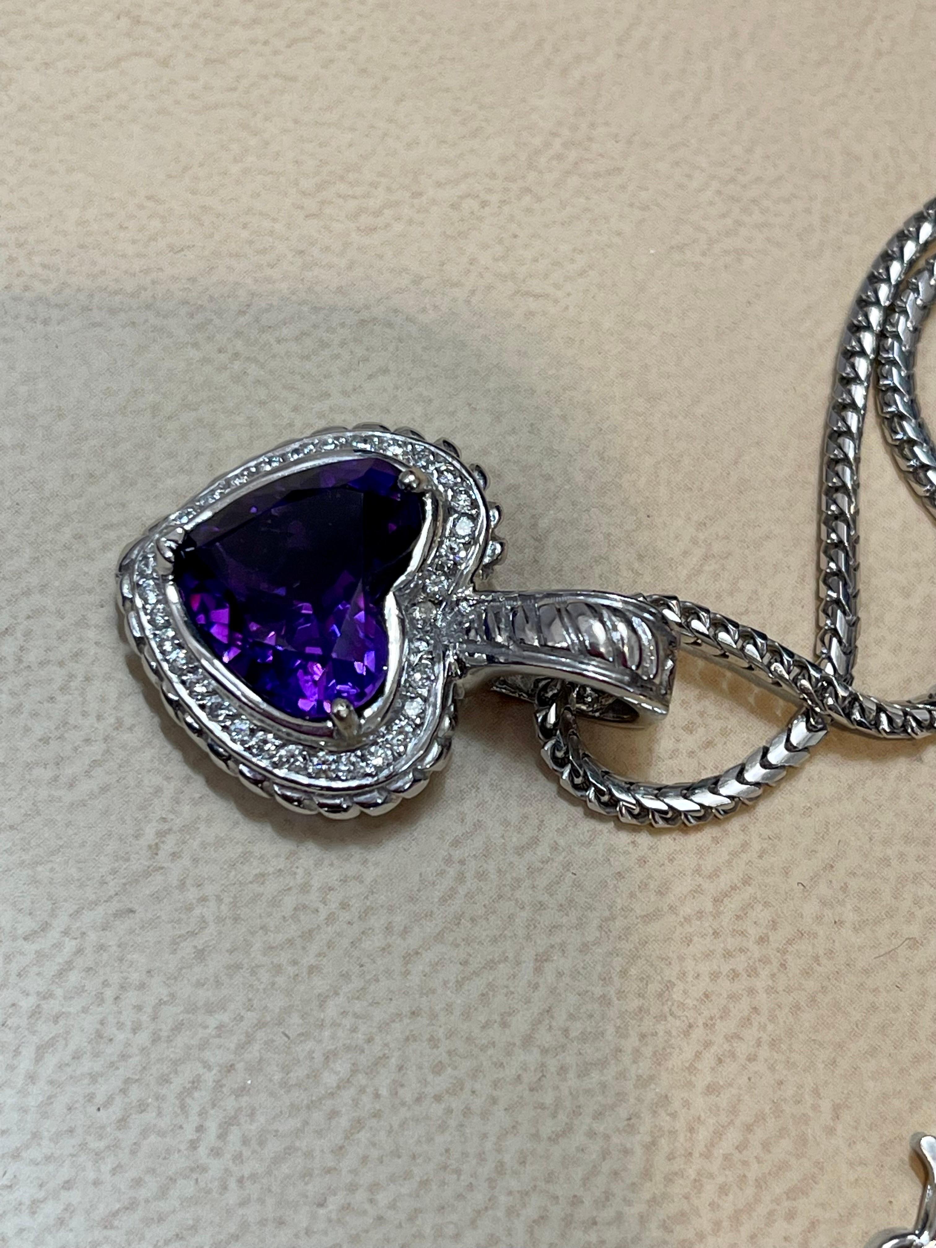 Women's 10 Carat Heart Shape Amethyst & 1 Ct Diamond Pendant Necklace 18 Kt White Gold