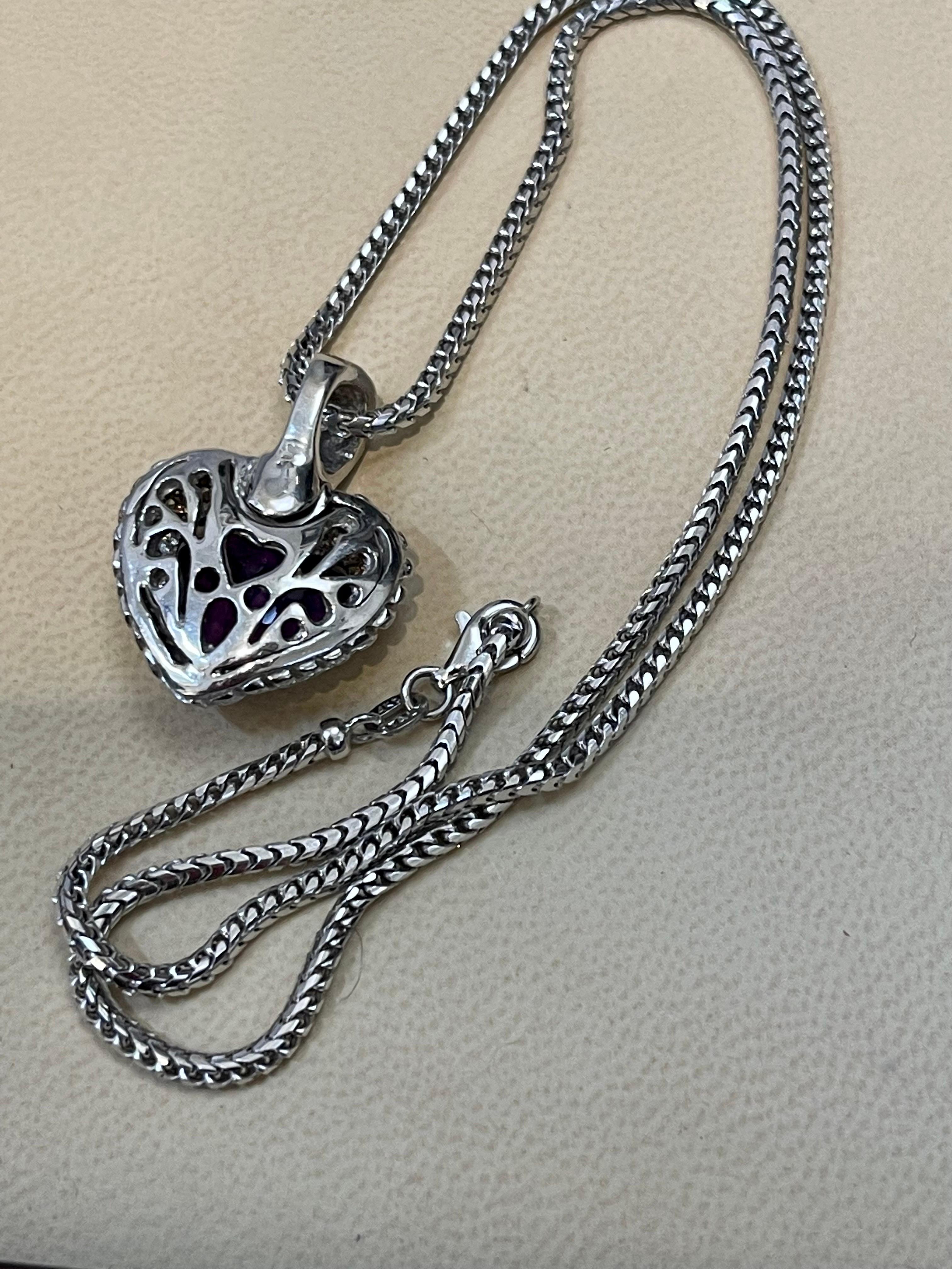 10 Carat Heart Shape Amethyst & 1 Ct Diamond Pendant Necklace 18 Kt White Gold 2
