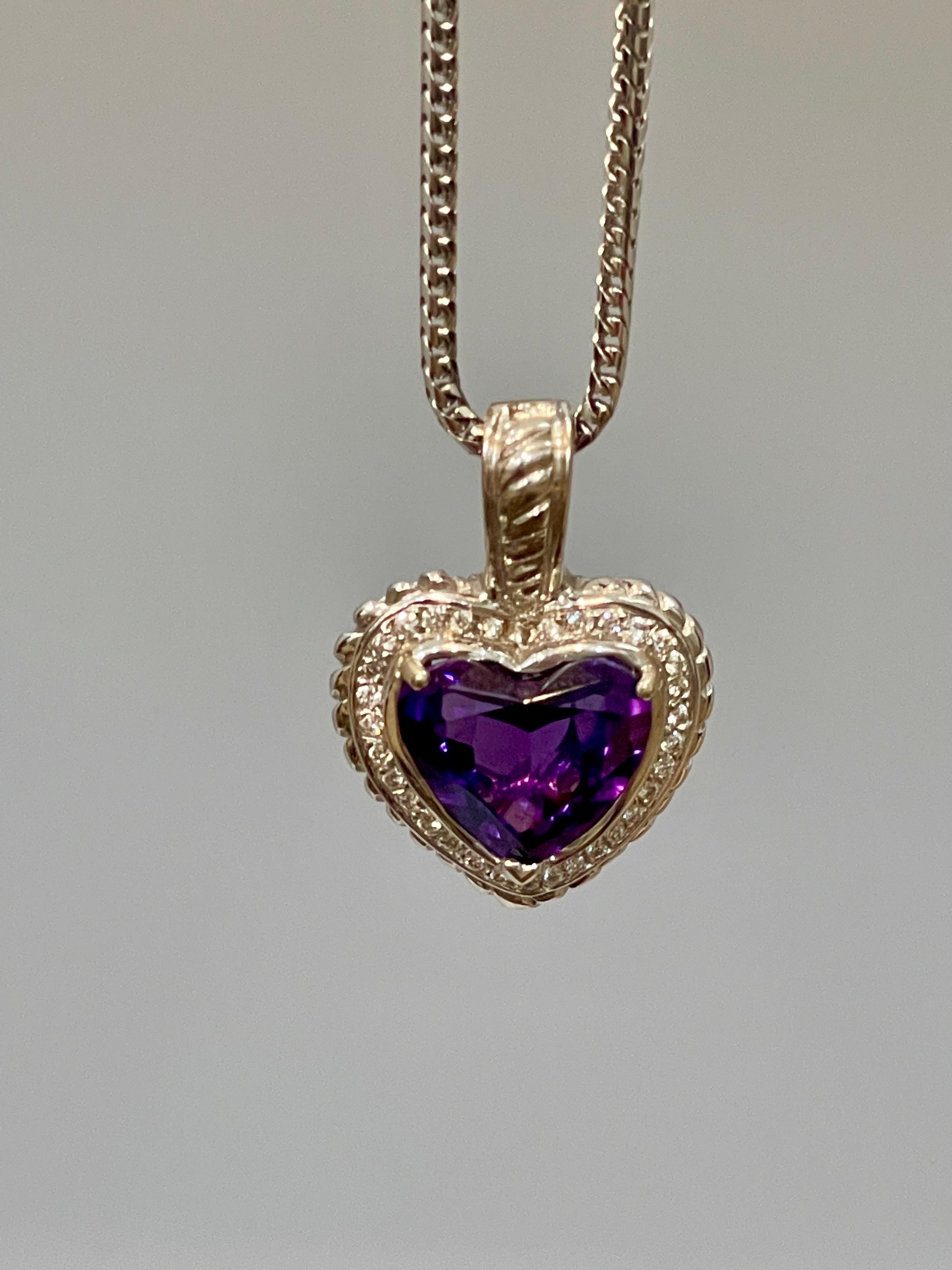 10 Carat Heart Shape Amethyst & 1 Ct Diamond Pendant Necklace 18 Kt White Gold