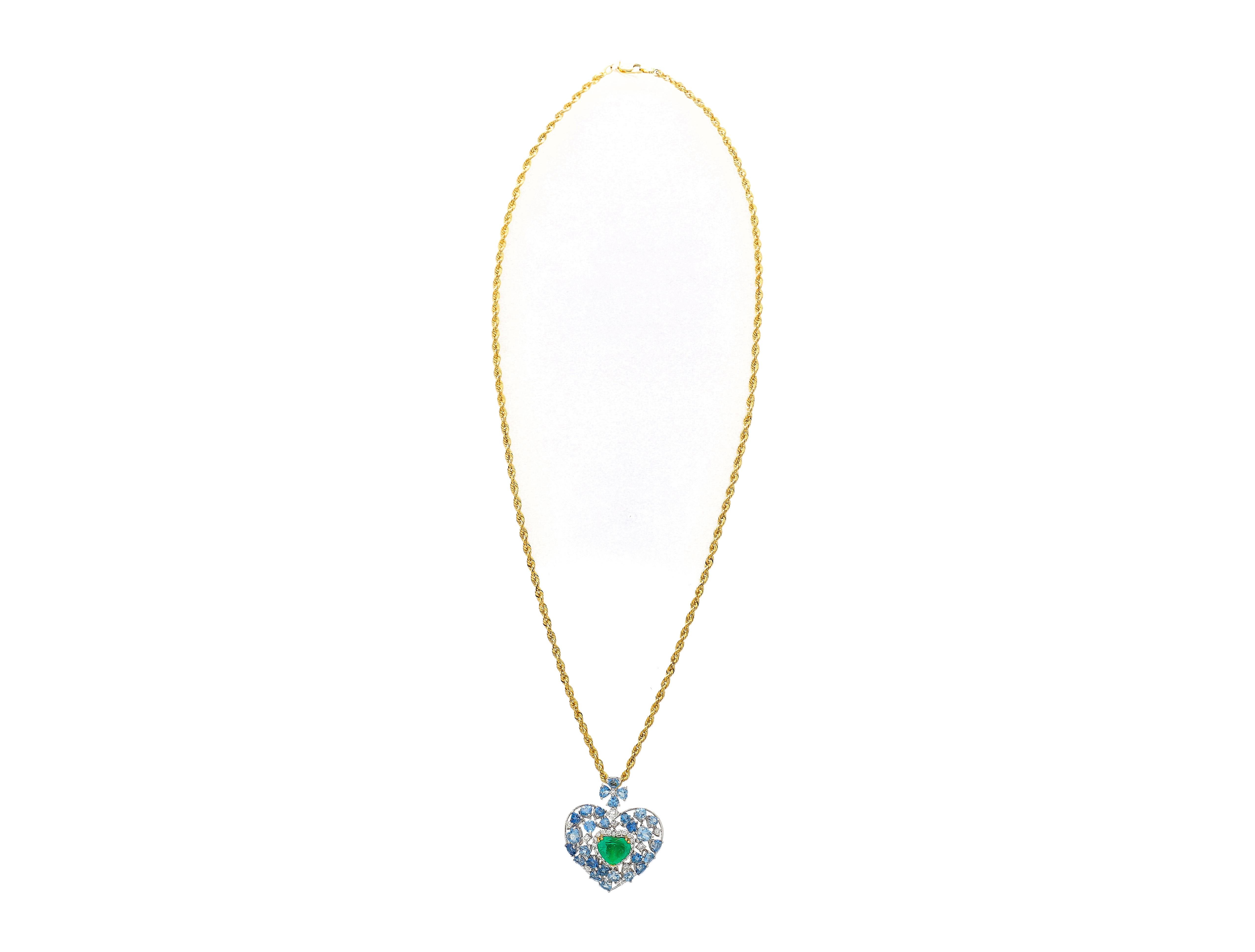 Modern 10 Carat Heart-Shape Colombian Emerald, Aquamarine, and Diamond 18K Necklace For Sale