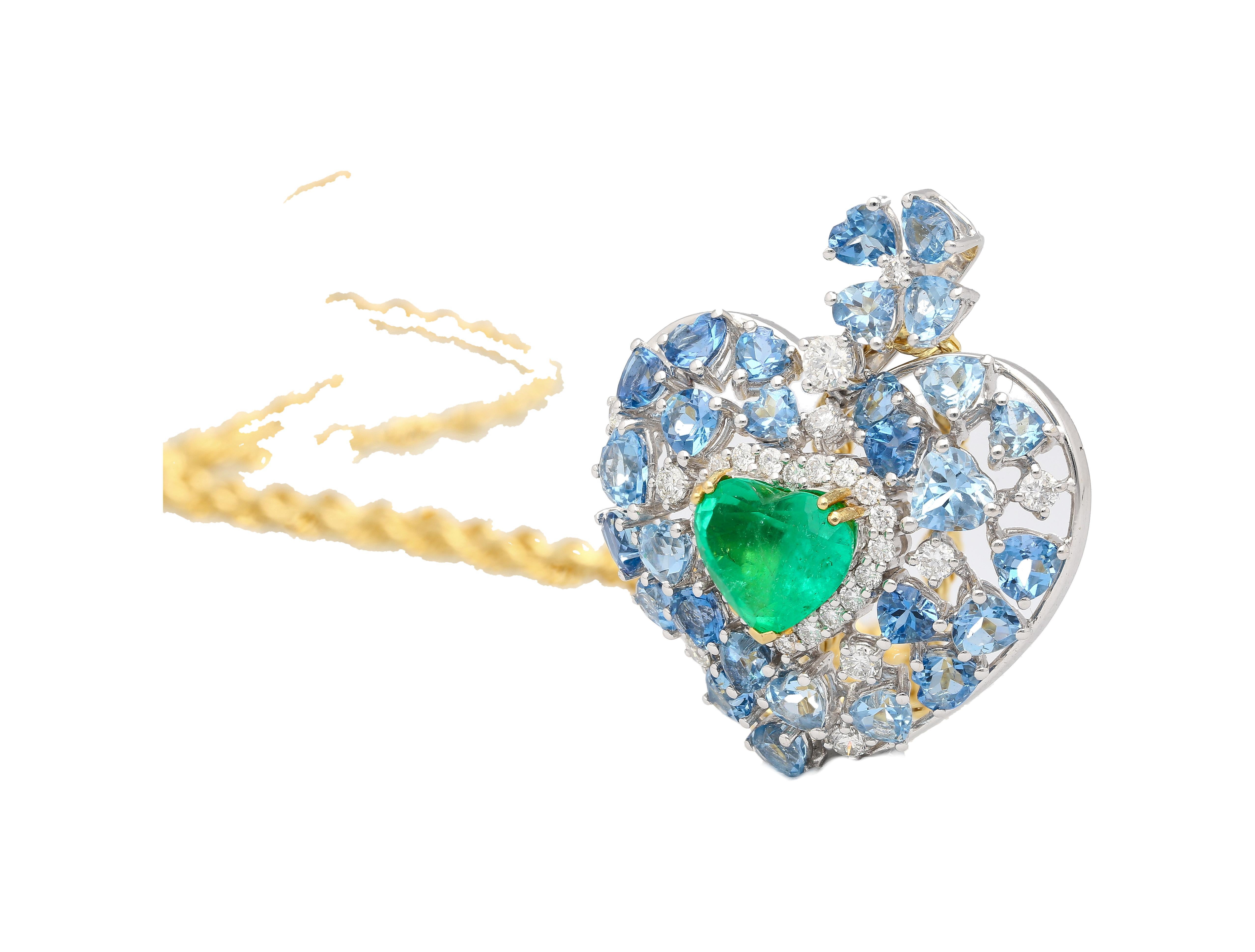 Heart Cut 10 Carat Heart-Shape Colombian Emerald, Aquamarine, and Diamond 18K Necklace For Sale