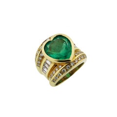 10 Carat Heart Shape Emerald Yellow Gold and Diamond Ring