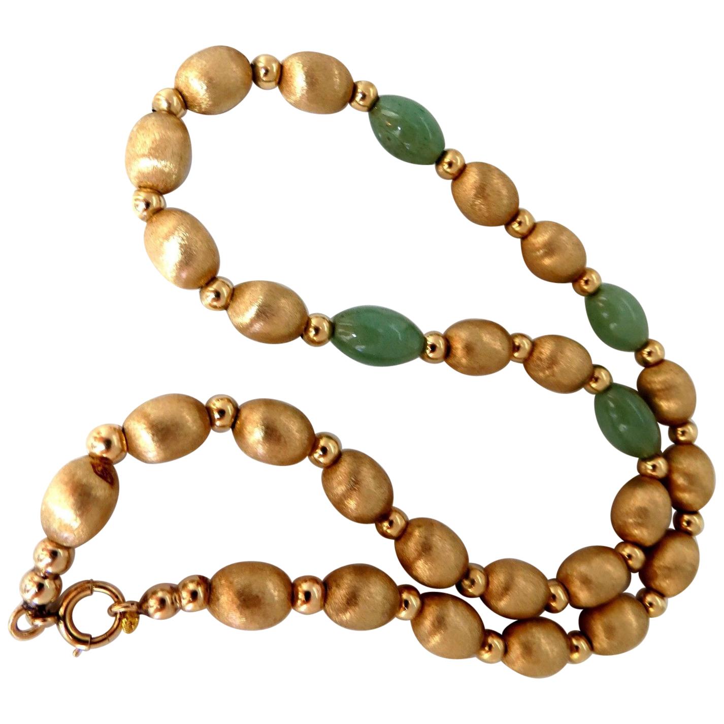 10 Carat Jade Bead and Brushed Bead Necklace 14 Karat
