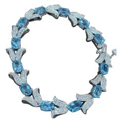 10 Carat Natural Blue Topaz & Diamond Tennis Bracelet 14 Karat White Gold