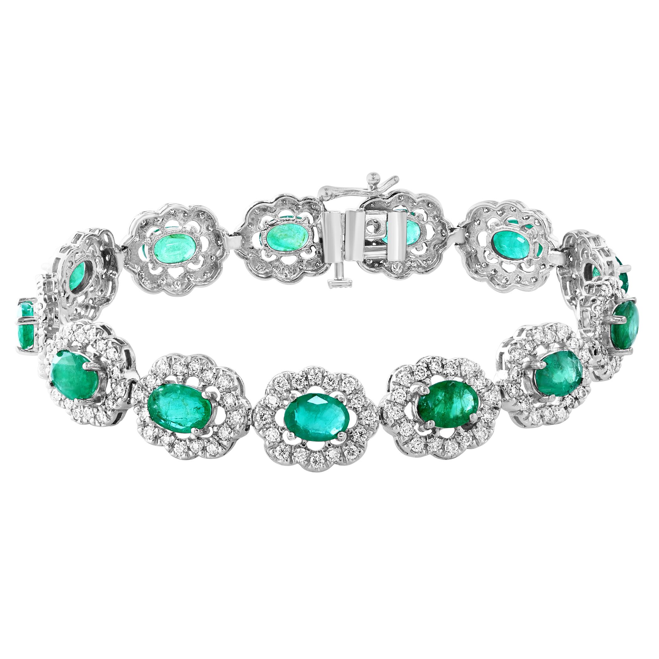 10 Carat Natural Brazilian Emerald & Diamond Tennis Bracelet 14 Karat Gold For Sale