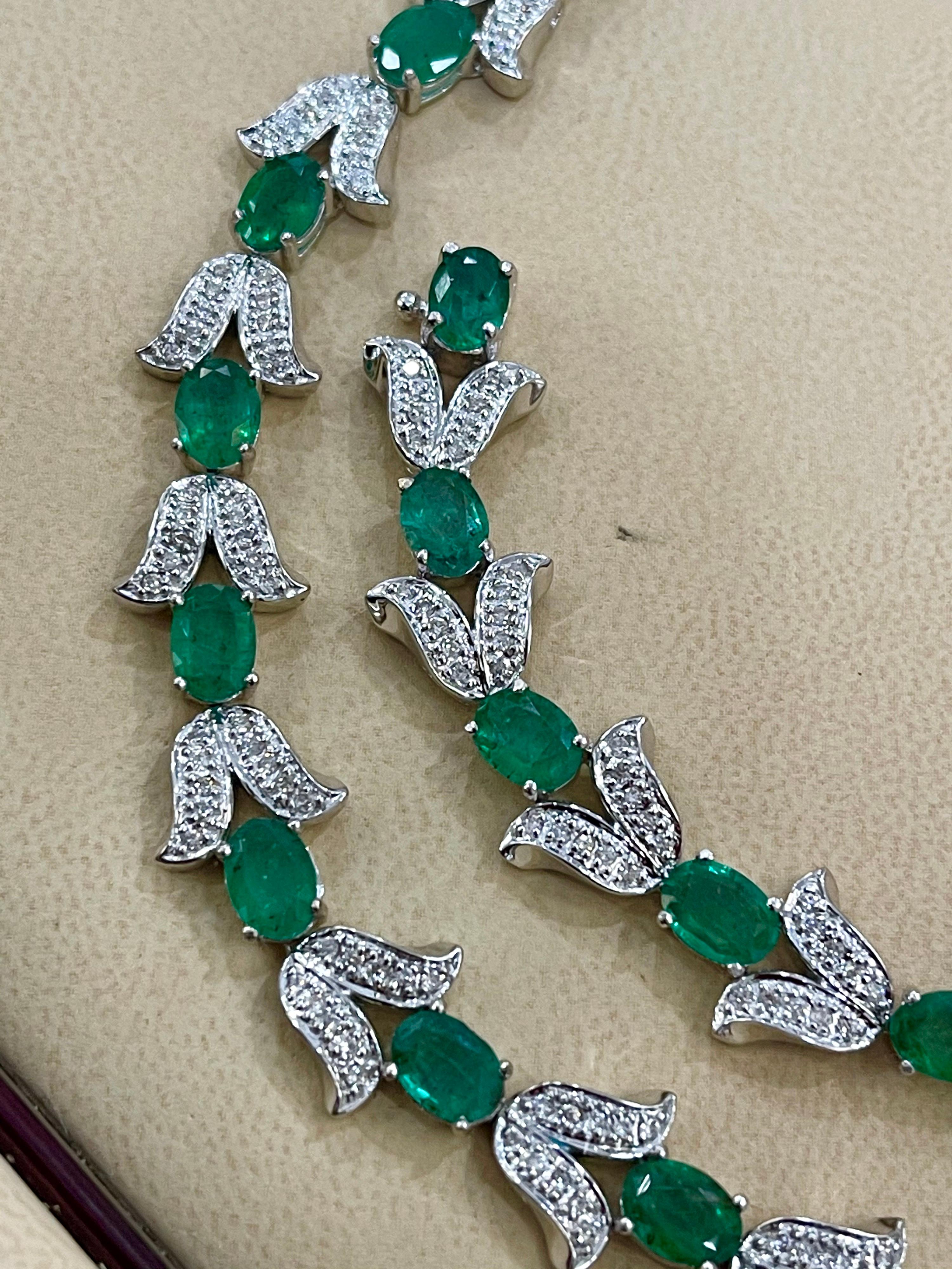 Oval Cut 10 Carat Natural Brazilian Emerald & Diamond Tennis Bracelet 14 Karat White Gold For Sale