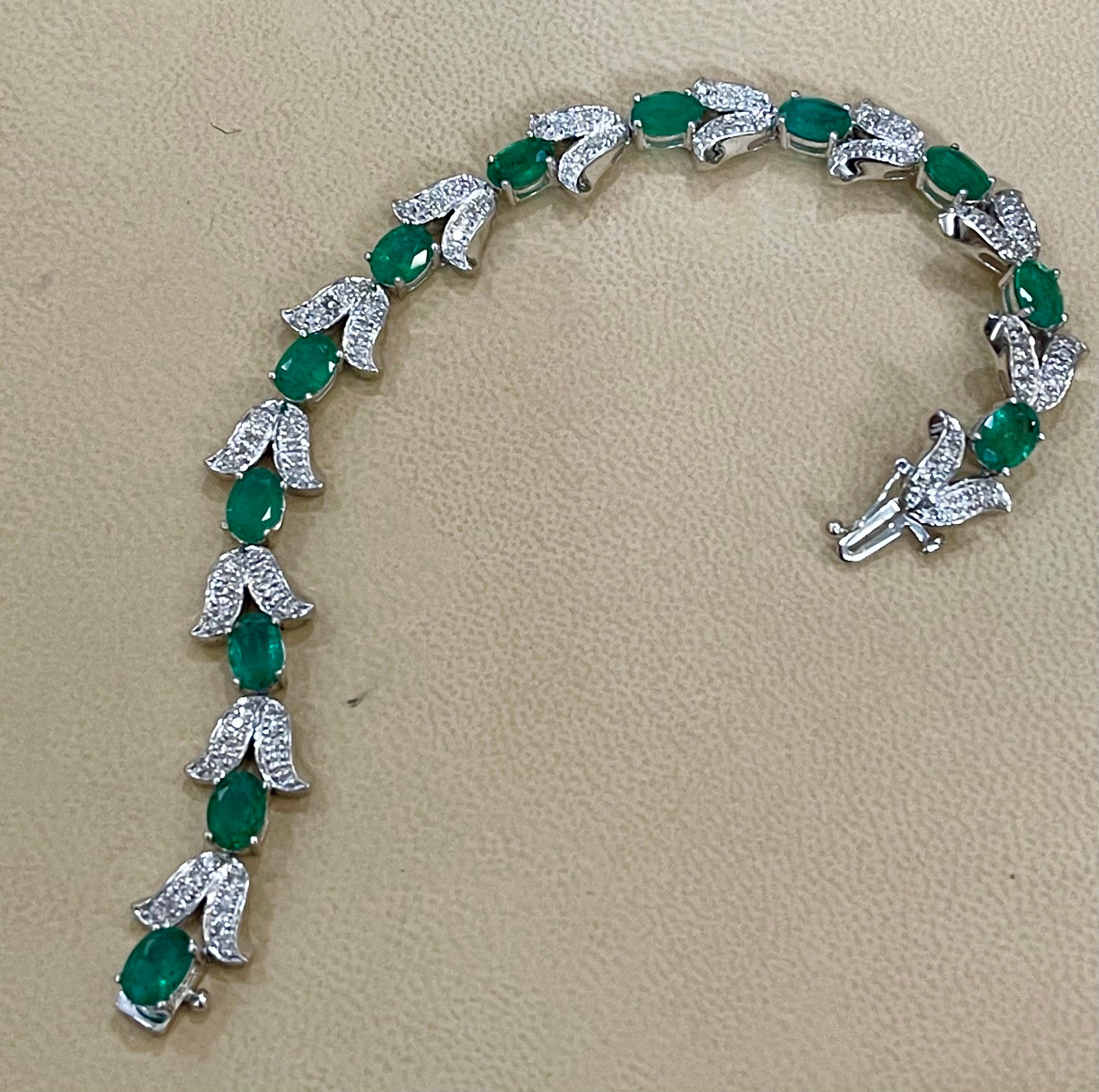 Women's 10 Carat Natural Brazilian Emerald & Diamond Tennis Bracelet 14 Karat White Gold For Sale