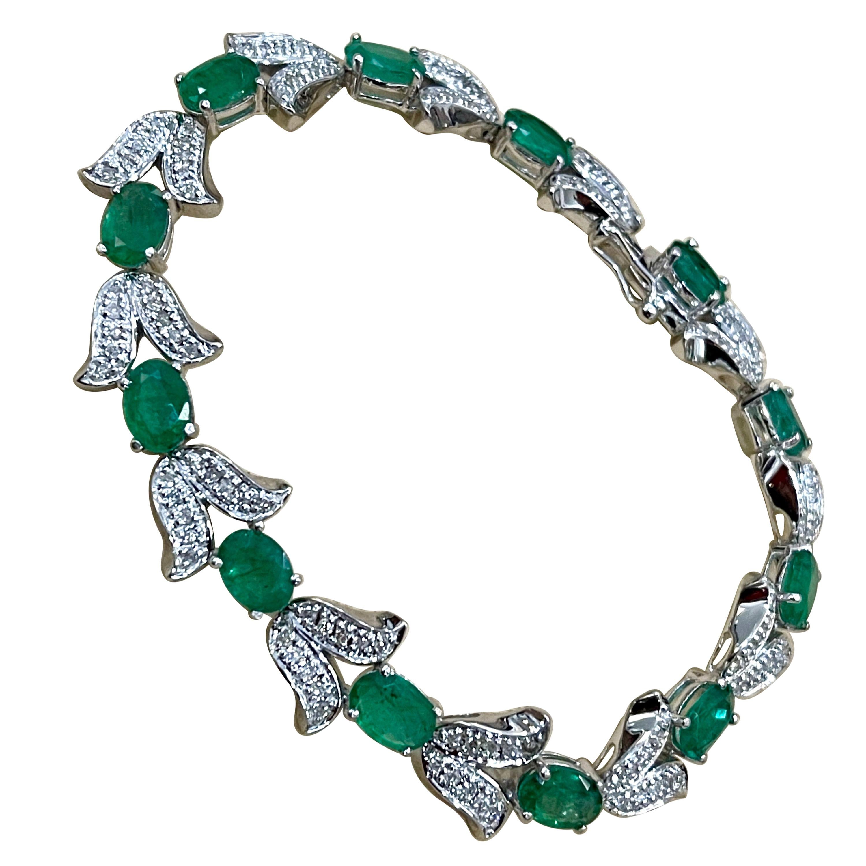 10 Carat Natural Brazilian Emerald & Diamond Tennis Bracelet 14 Karat White Gold For Sale