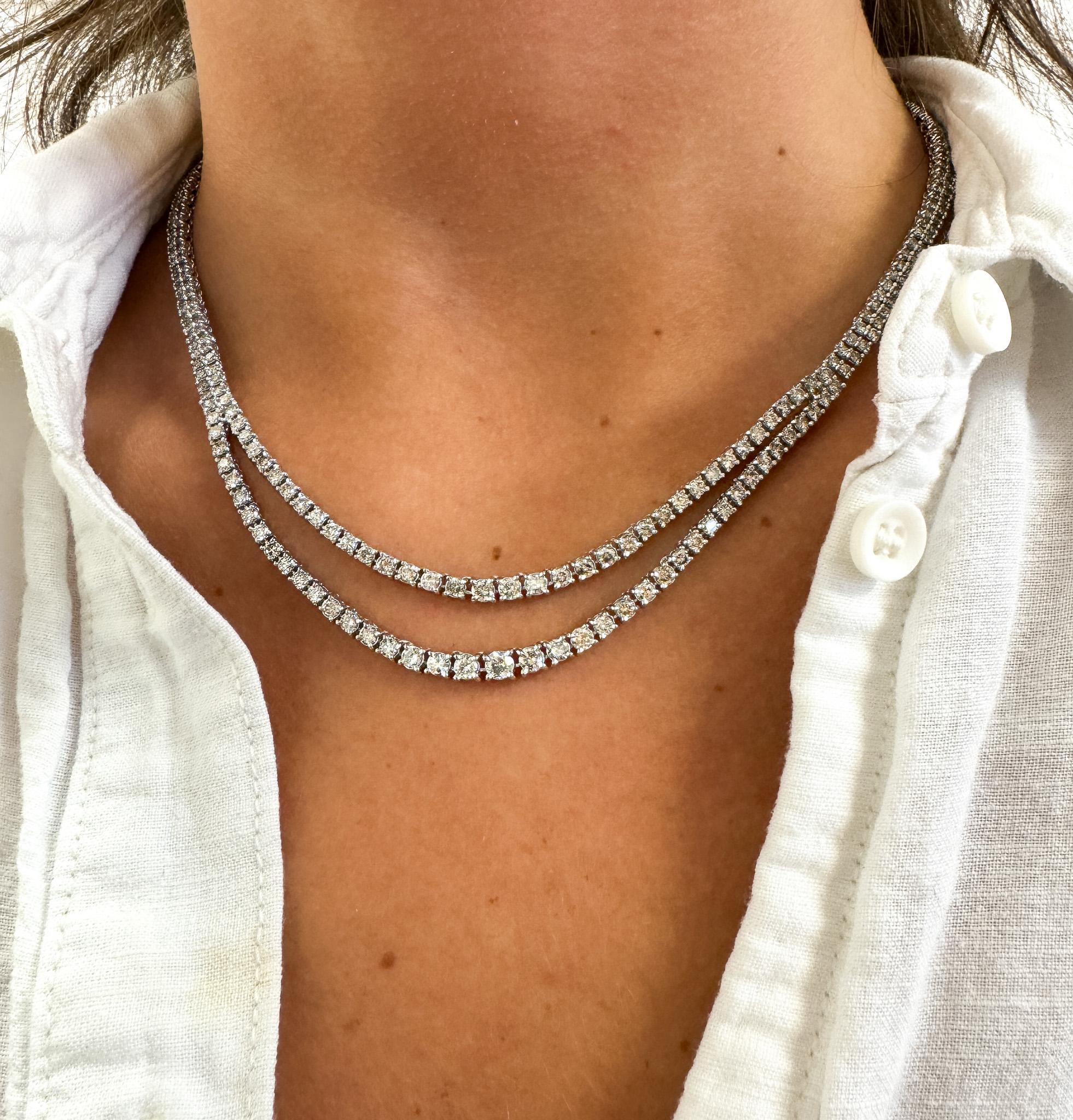 Women's or Men's 10 Carat Natural Diamond Two Strand Riviera Graduated Tennis Necklace Platinum