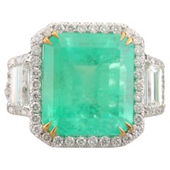 18K Gold 9 CT Natural Emerald and Diamond Antique Art Deco Style Engagement Ring