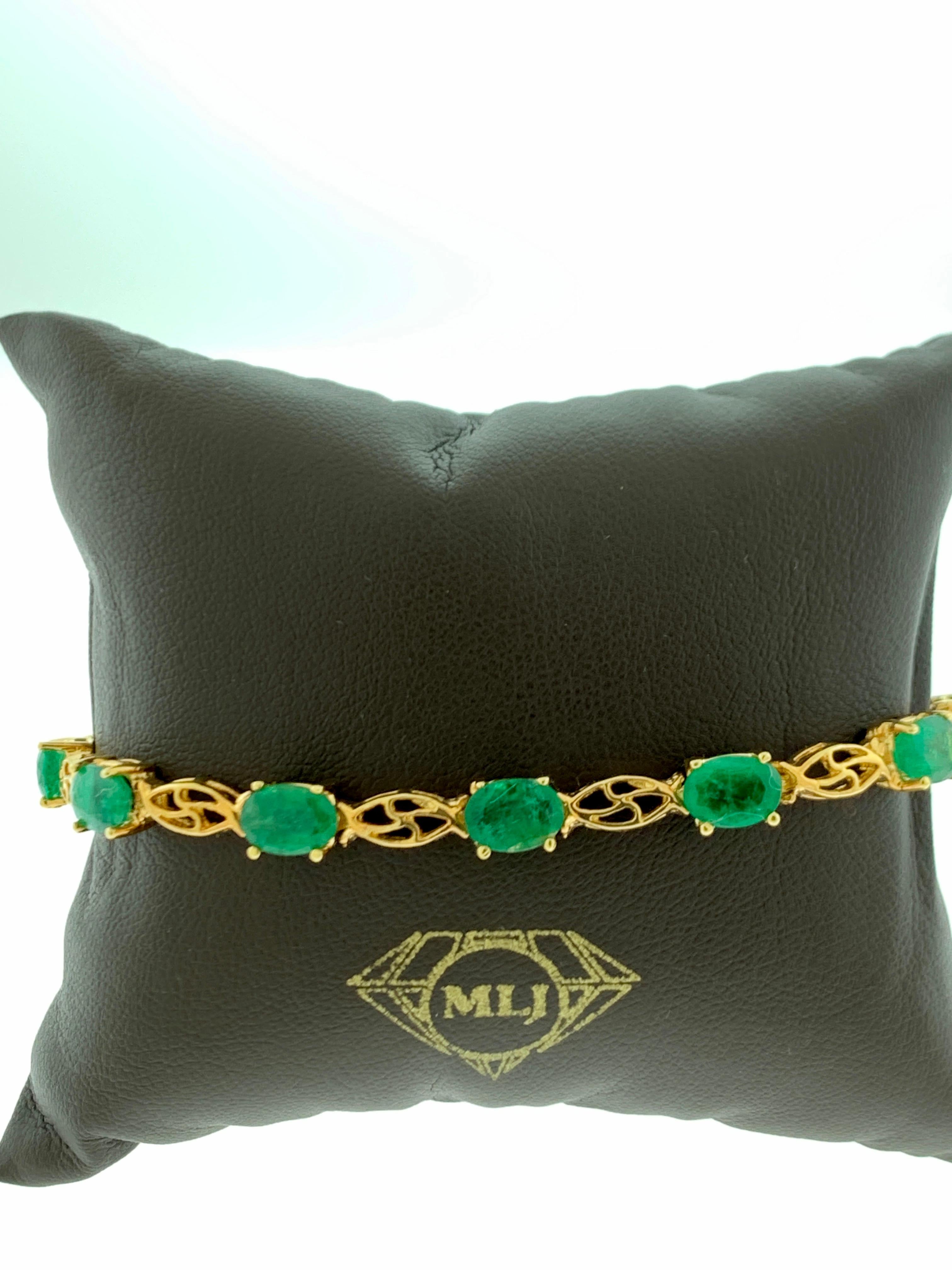 Women's 10 Carat Natural Emerald Tennis Bracelet 14 Karat Yellow Gold