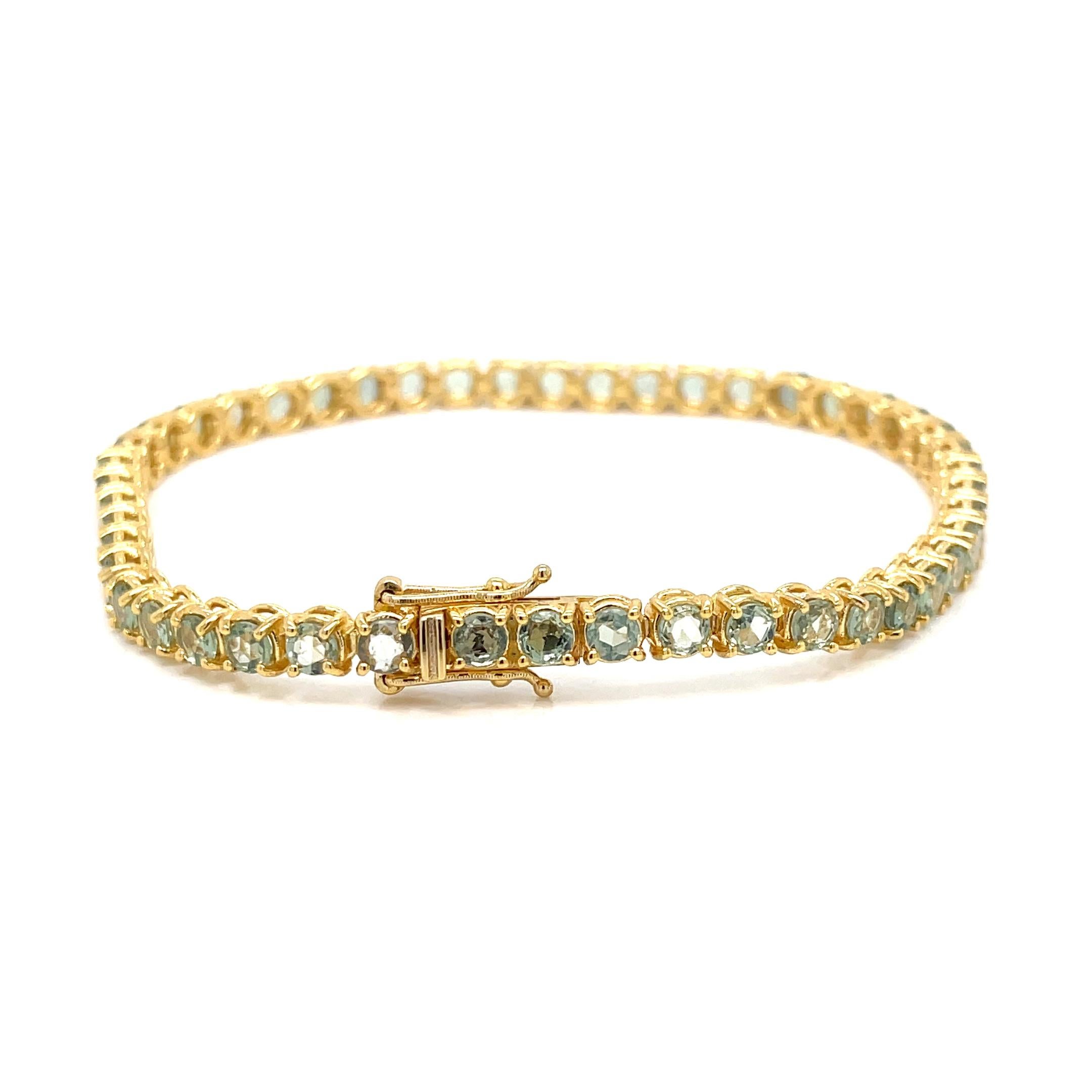 10 Carat Natural Green Sapphire Yellow Gold Tennis Bracelet For Sale 4