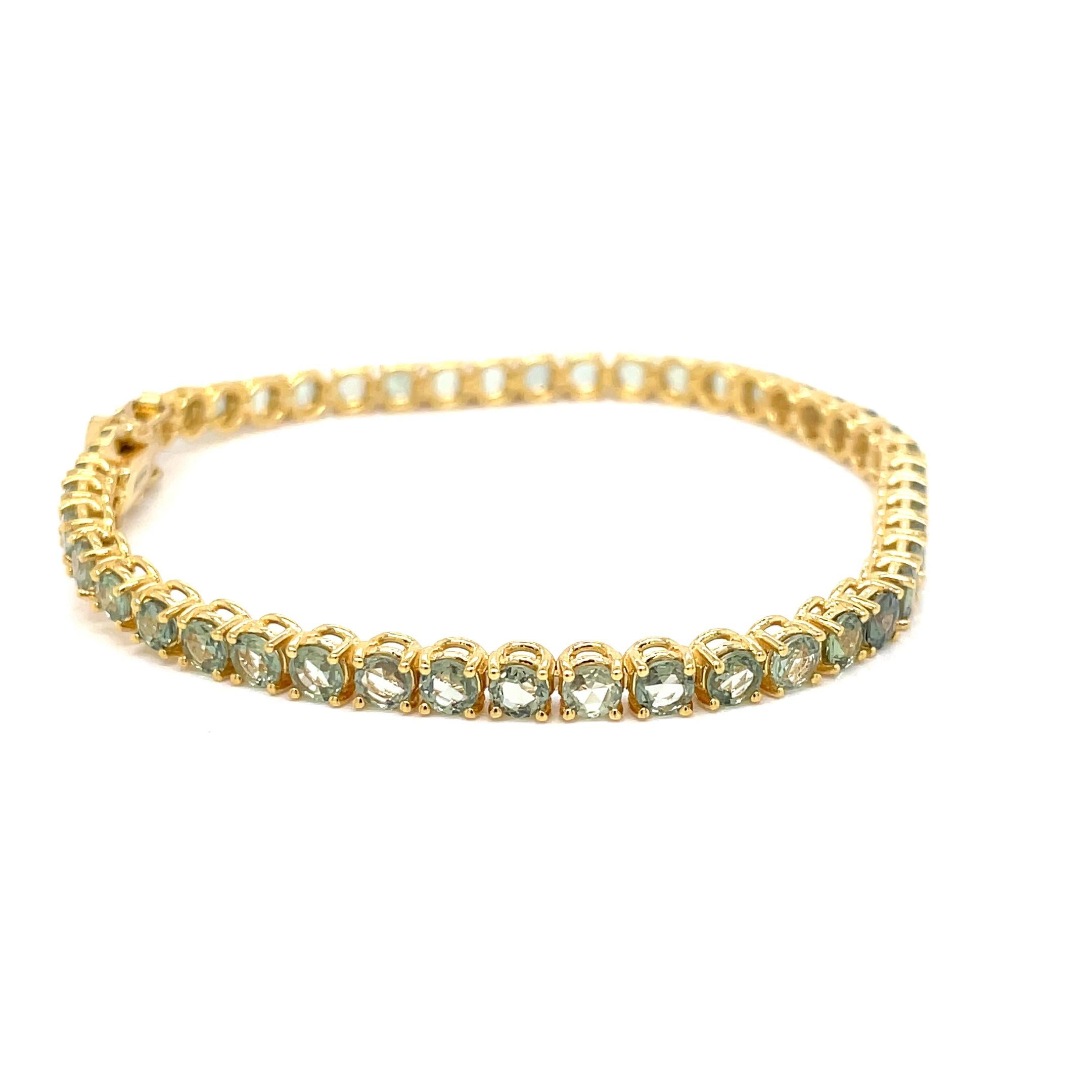 10 Carat Natural Green Sapphire Yellow Gold Tennis Bracelet For Sale 5