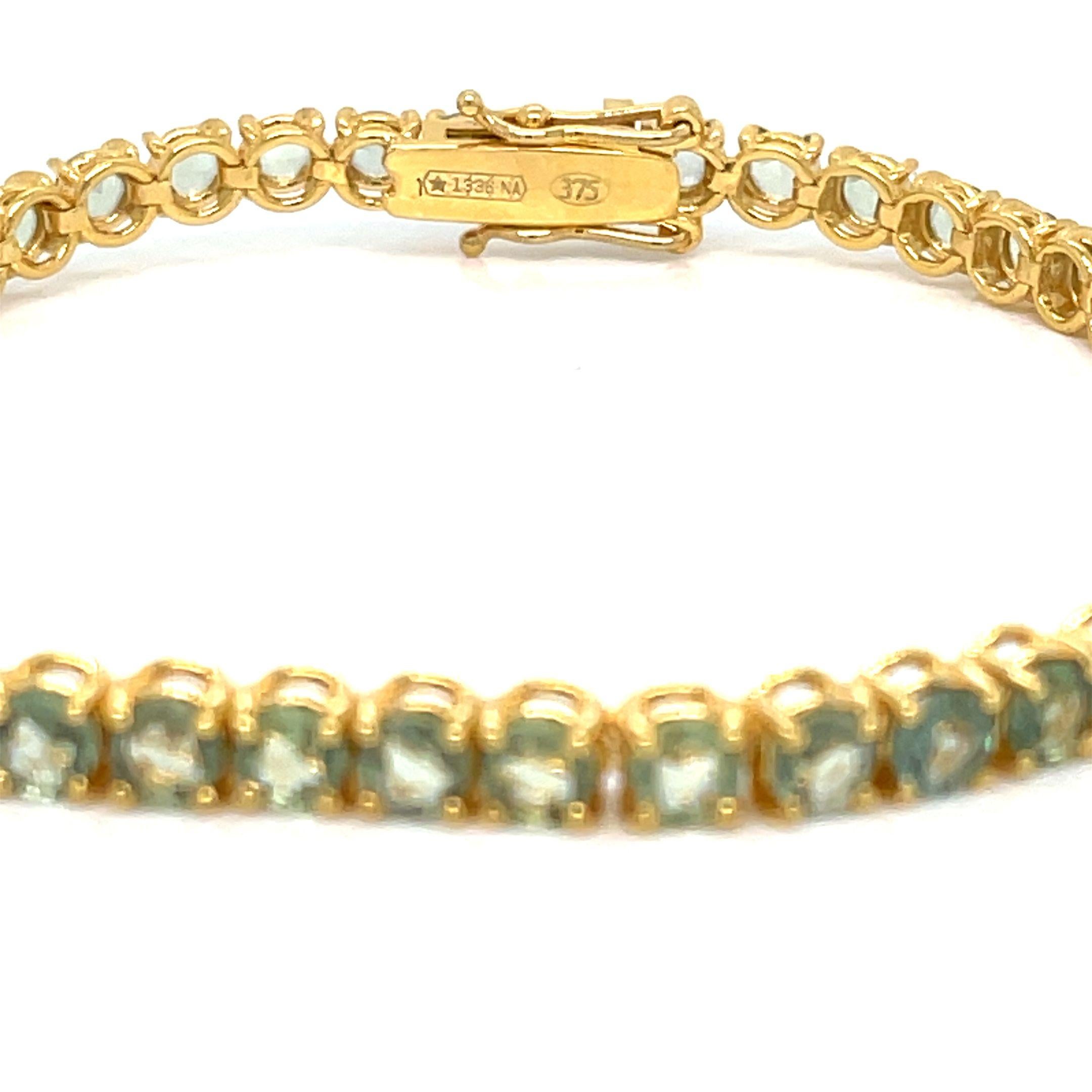 10 Carat Natural Green Sapphire Yellow Gold Tennis Bracelet For Sale 1