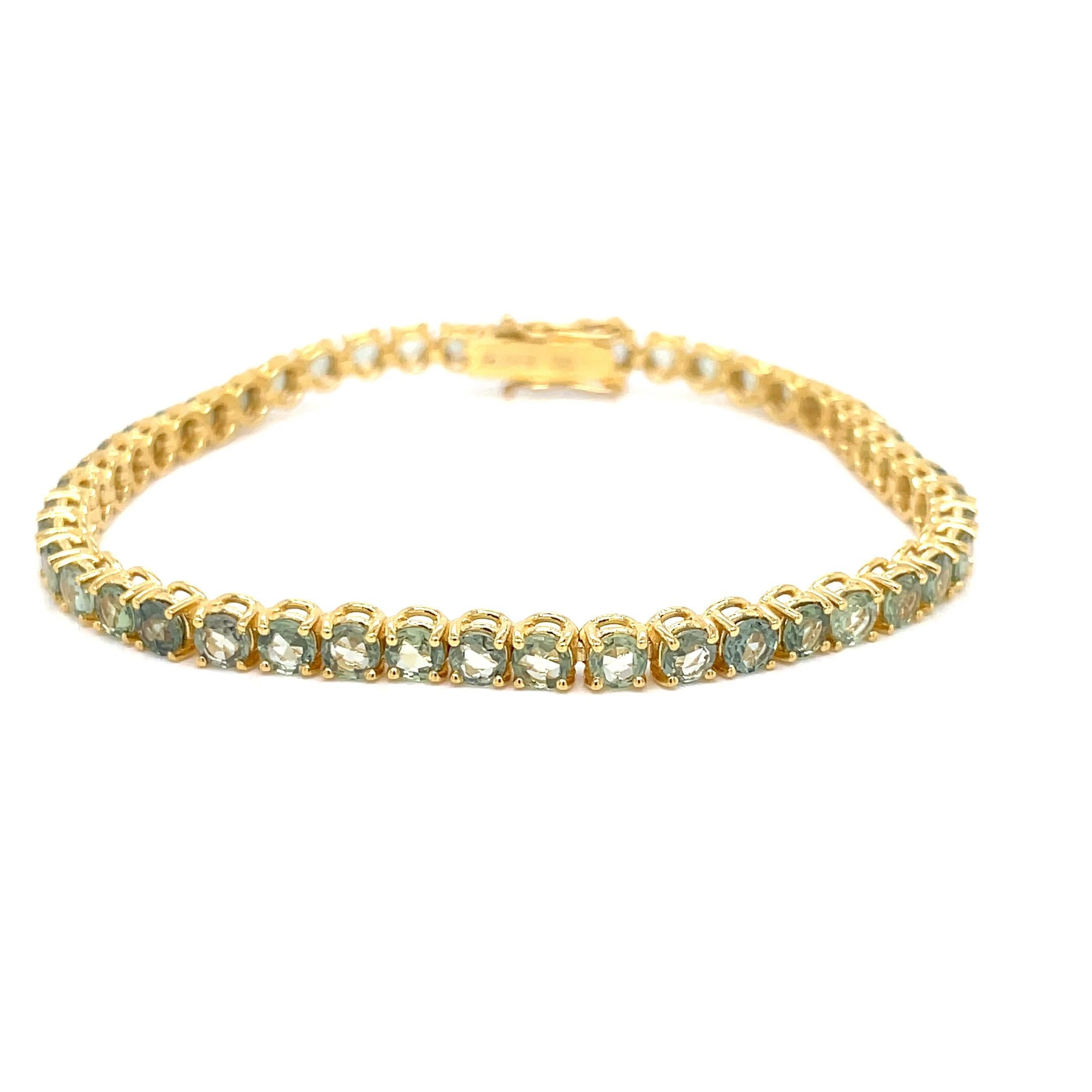 10 Carat Natural Green Sapphire Yellow Gold Tennis Bracelet For Sale 2