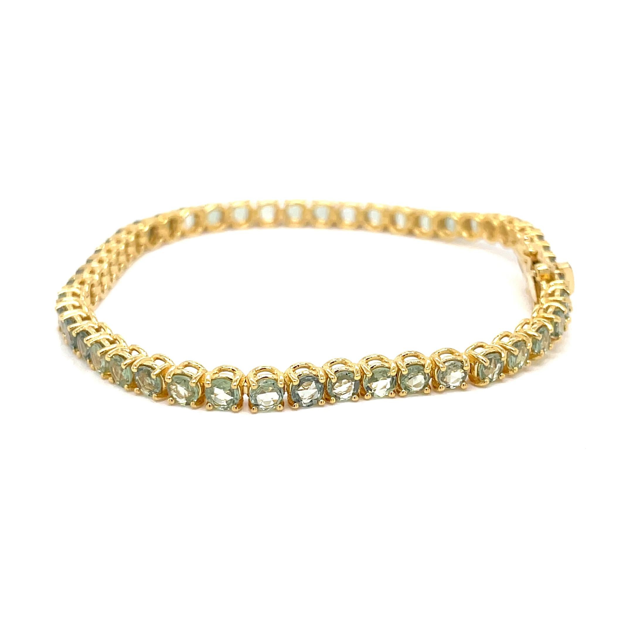 10 Carat Natural Green Sapphire Yellow Gold Tennis Bracelet For Sale 3