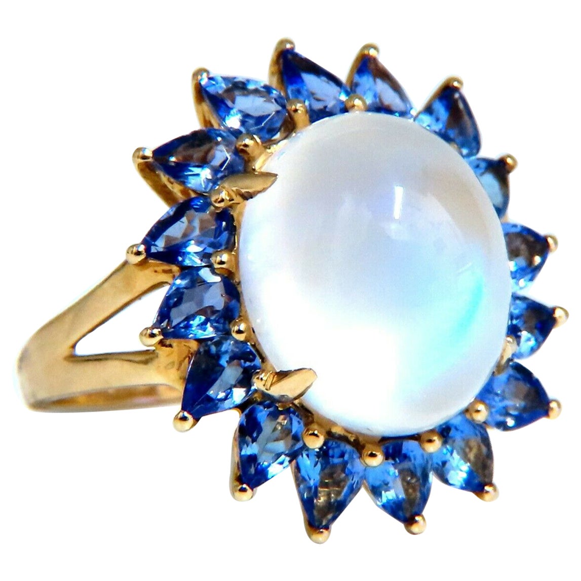 Anello con pietra di luna naturale da 10 carati e tanzanite 14kt