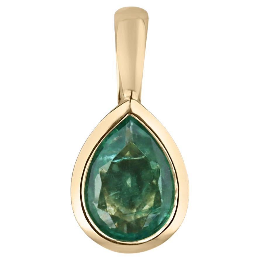 1.0 Carat Natural Pear Cut Emerald Solitaire Pendant Charm Bezel Set in Gold