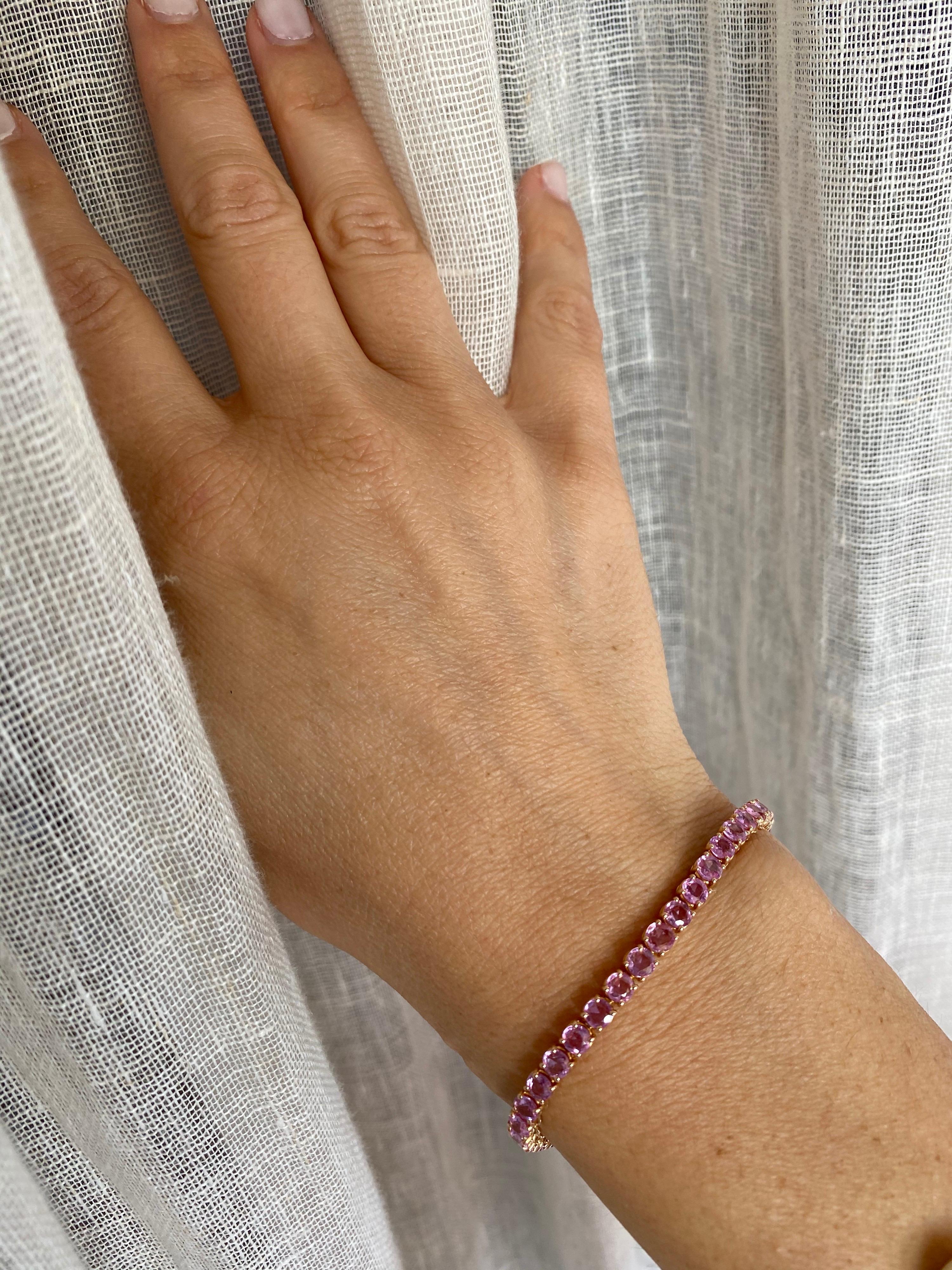 Bracelet tennis en or rose et saphir rose naturel de 10 carats en vente 10