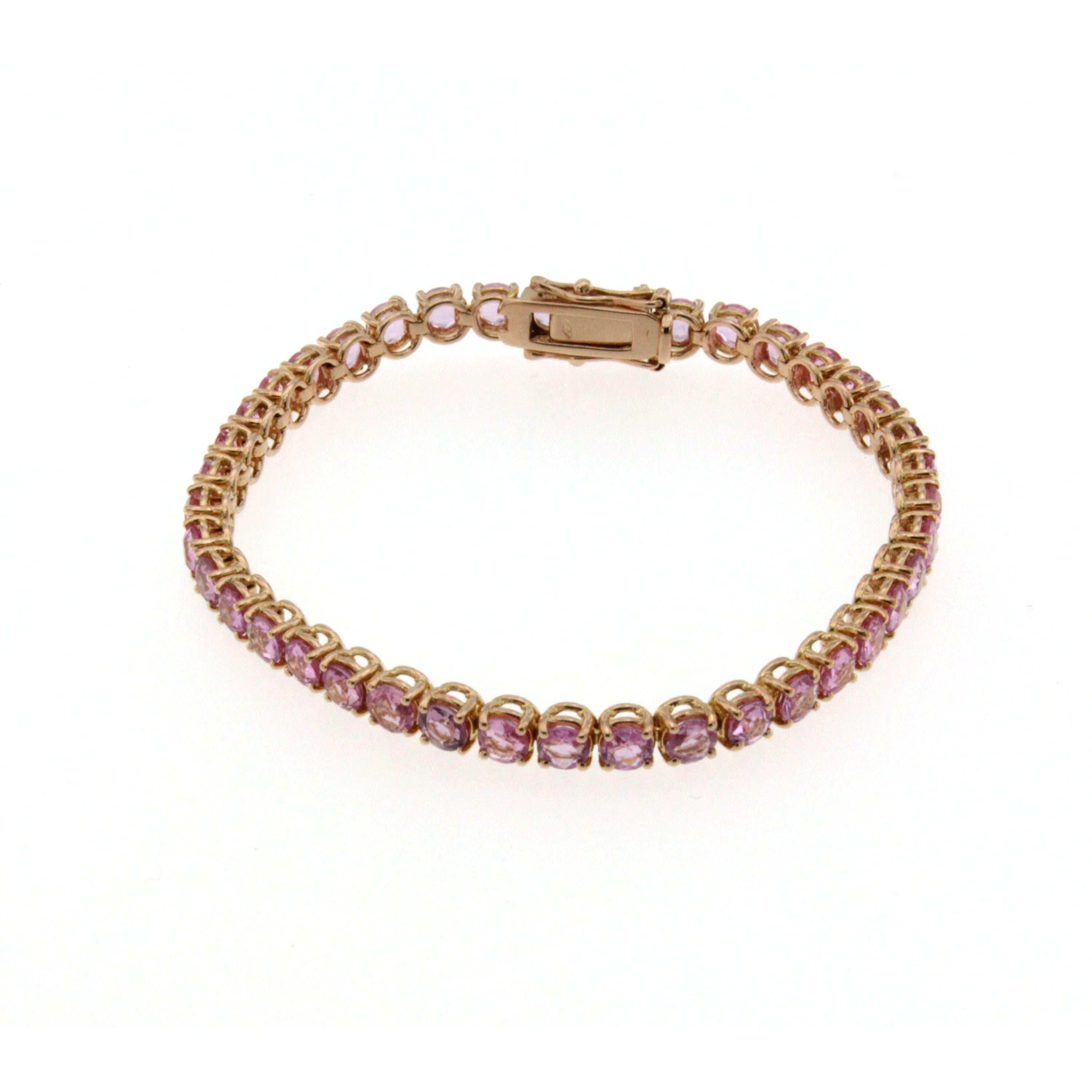 Fabulous important brand new bracelet made in solid 18k rose gold and set with 8.50 Carats of vivid Natural Unheated Pink Sapphires, weighing 0.22 carat each (3,7 mm).
This piece is designed and crafted in our laboratories, thanks to old techniques