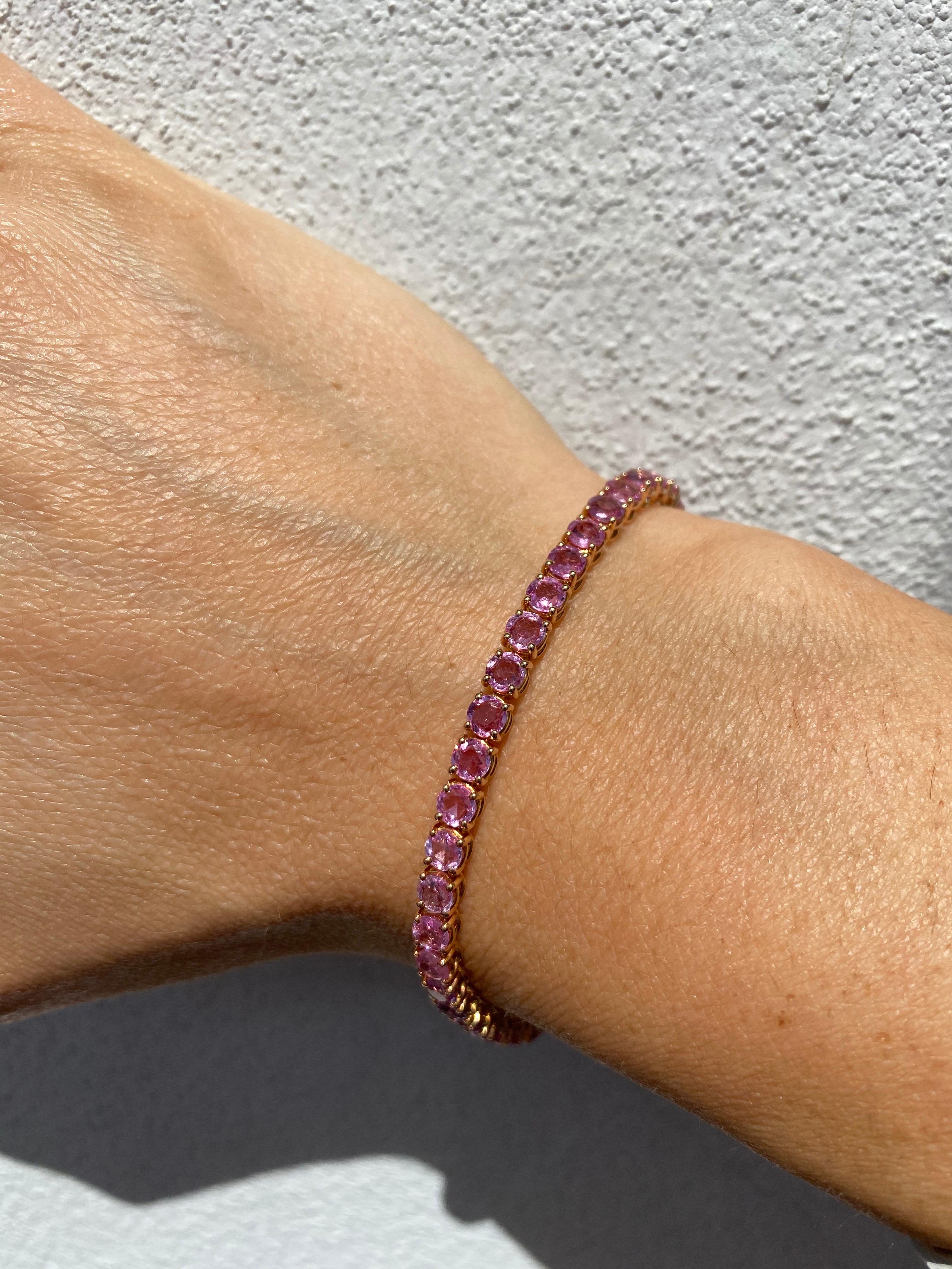 Contemporary 10 Carat Natural Pink Sapphire Rose Gold Tennis Bracelet For Sale