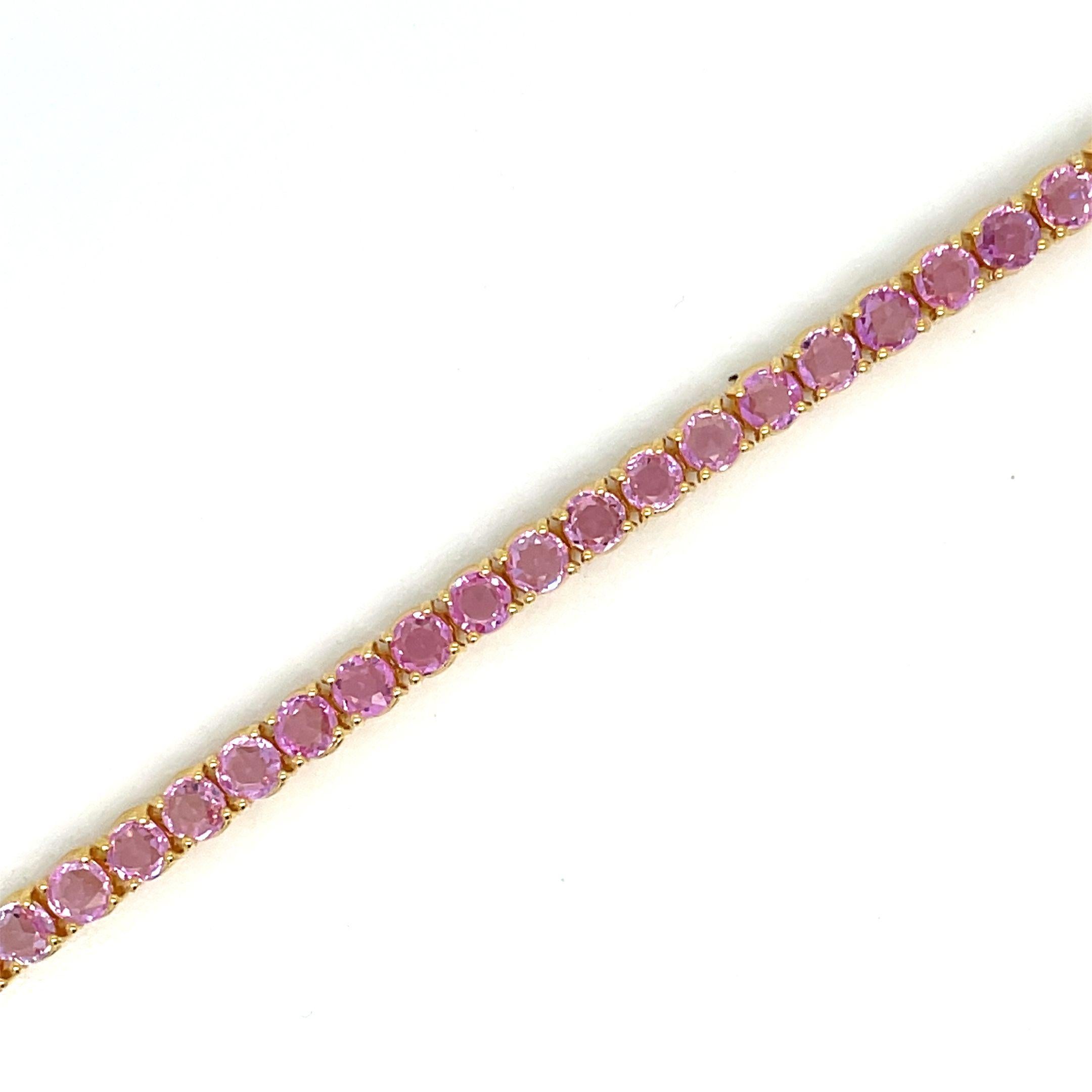 Fabulous important brand new bracelet made in solid 9 kt yellow gold and set with 9,60 Carats of vivid rose cut Natural Pink Sapphires, weighing 0.20 carat each (3,50 mm).
This piece is designed and crafted in our laboratories, thanks to old