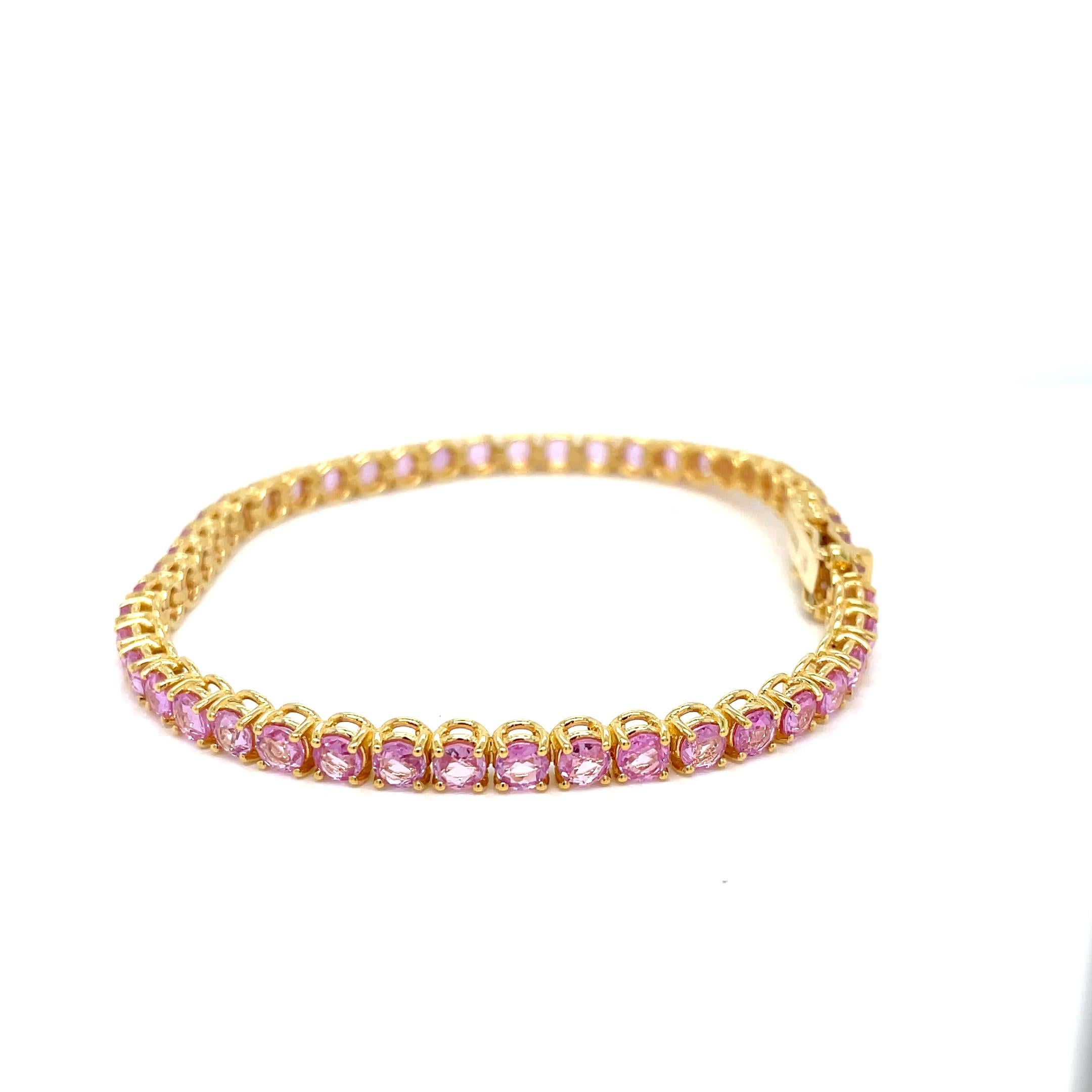 Women's or Men's 10 Carat Natural Pink Sapphire Yellow Gold Tennis Bracelet For Sale