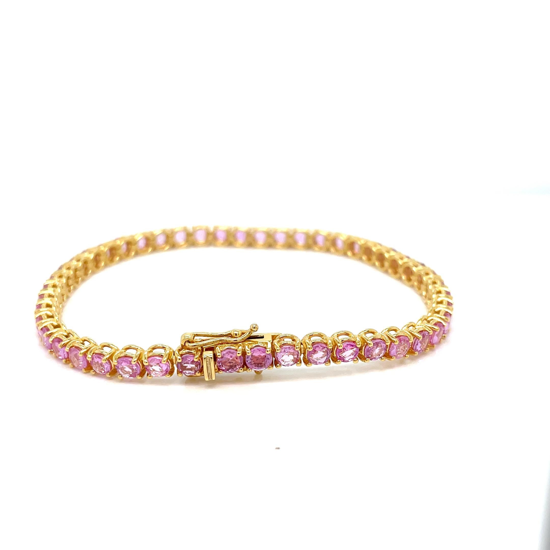 10 Carat Natural Pink Sapphire Yellow Gold Tennis Bracelet For Sale 1