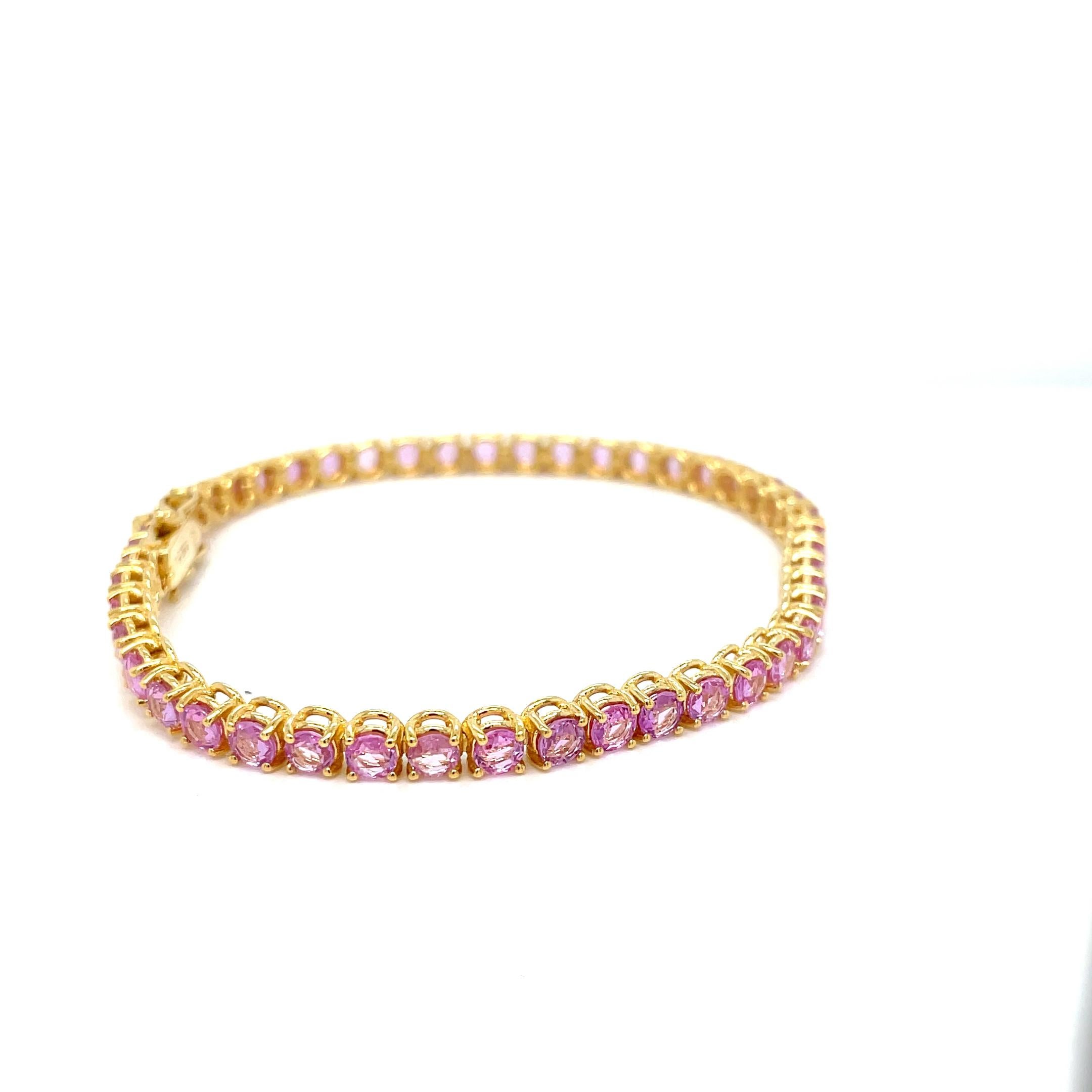 10 Carat Natural Pink Sapphire Yellow Gold Tennis Bracelet For Sale 2
