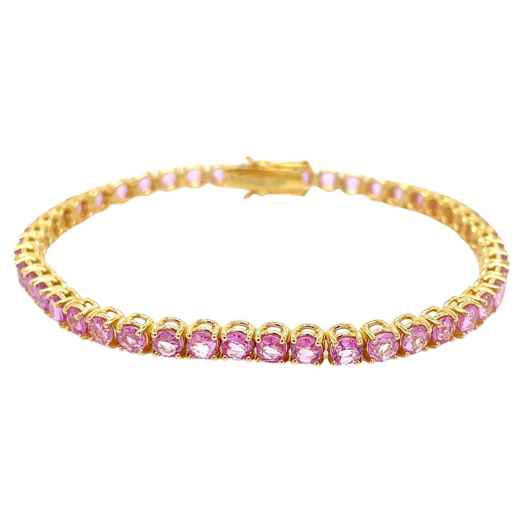 10 Carat Natural Pink Sapphire Yellow Gold Tennis Bracelet For Sale