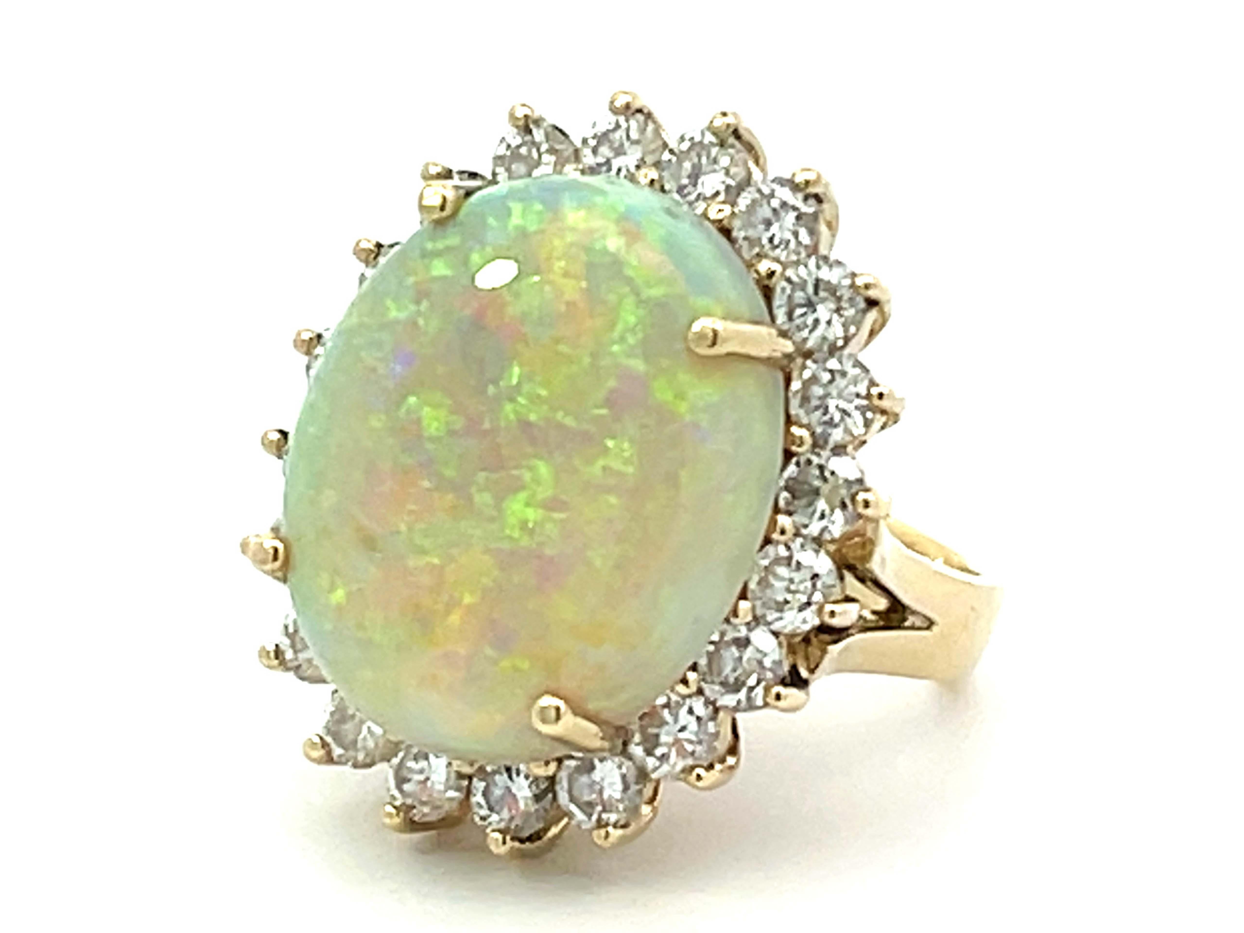 Modern 10 Carat Opal and 2 Carat Diamond Halo Ring 14k Yellow Gold For Sale