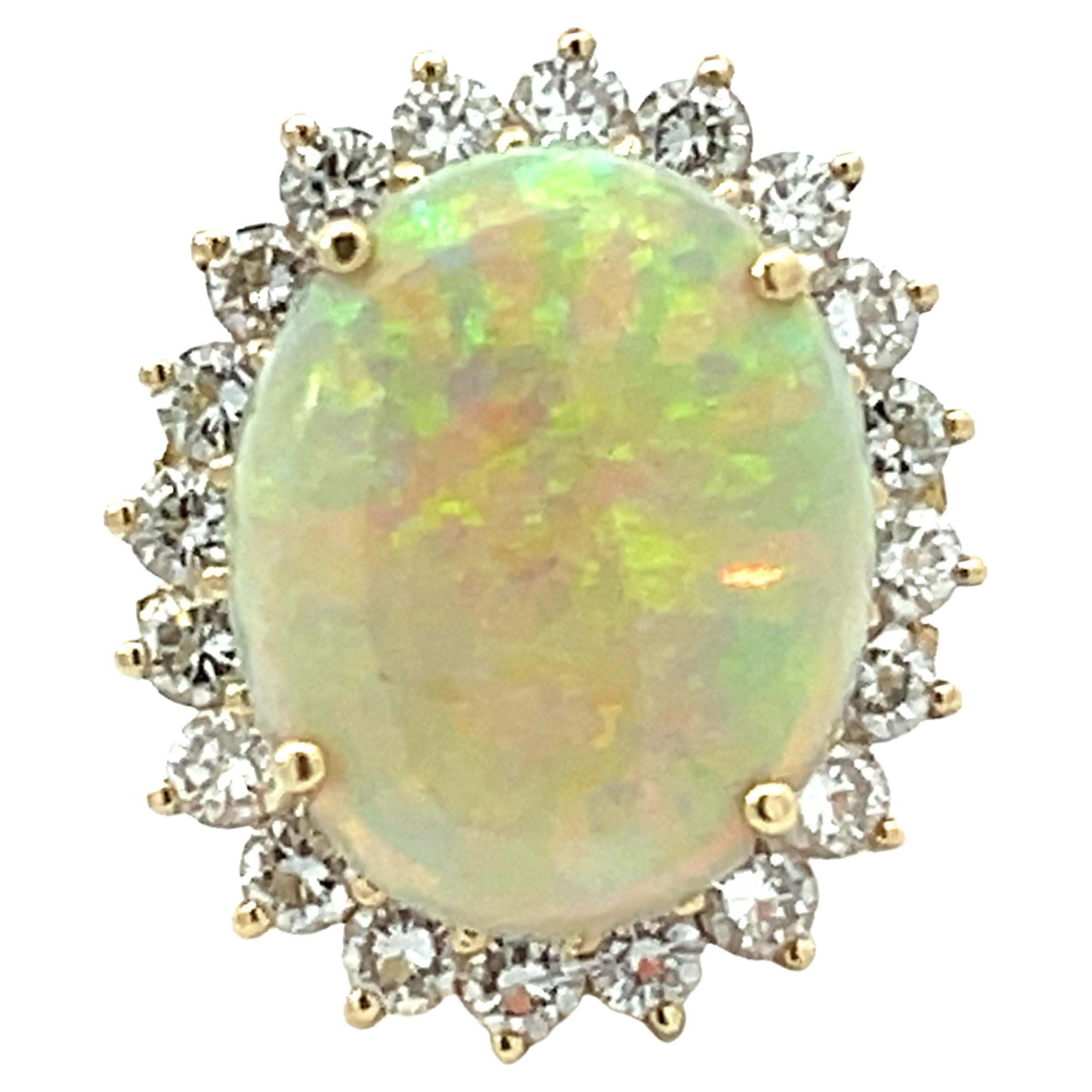 10 Carat Opal and 2 Carat Diamond Halo Ring 14k Yellow Gold For Sale