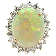 Retro 10 Carat Opal and 2 Carat Diamond Halo Ring 14k Yellow Gold