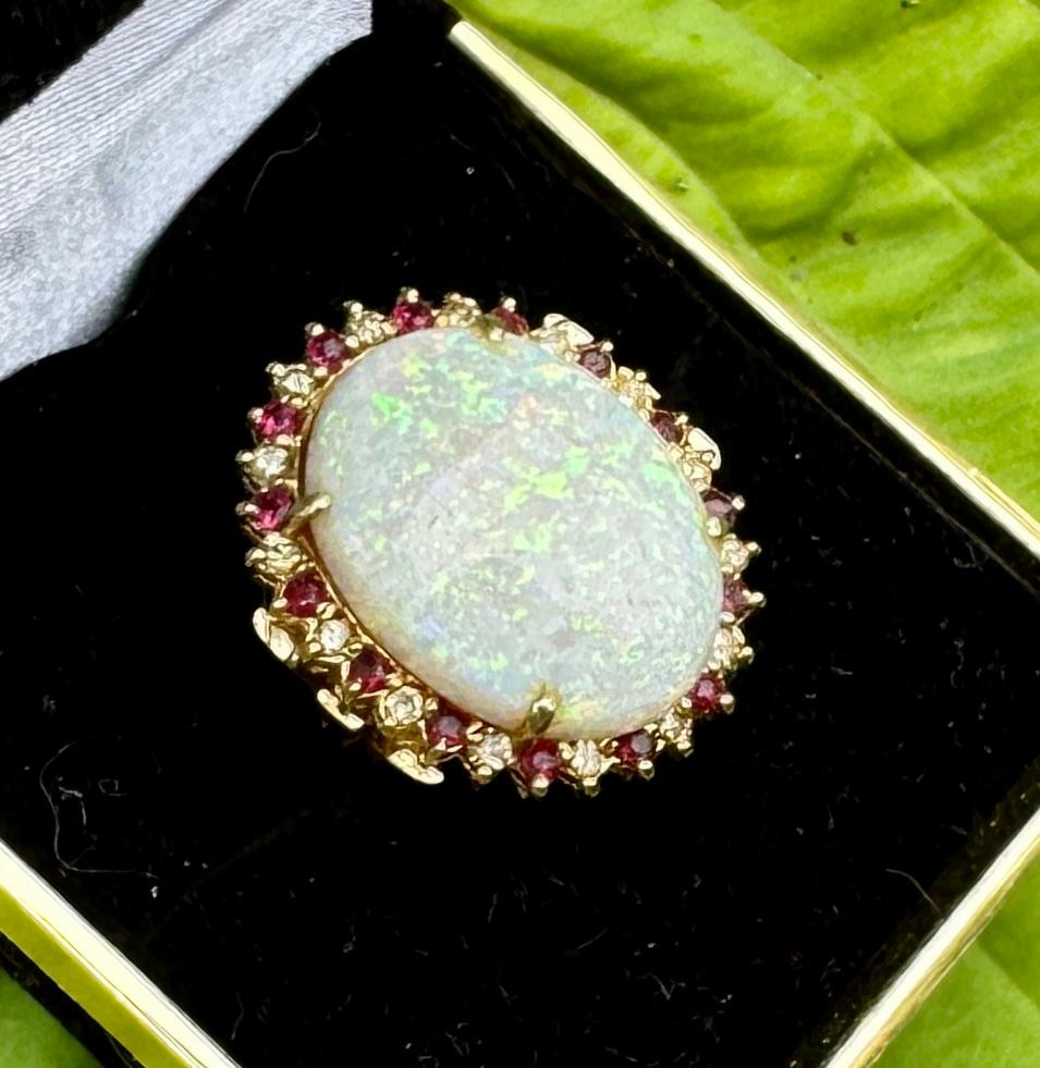 10 Carat Opal Ruby Diamond Cocktail Ring 14 Karat Gold Retro Hollywood Regency For Sale 1