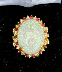 10 Carat Opal Ruby Diamond Cocktail Ring 14 Karat Gold Retro Hollywood Regency
