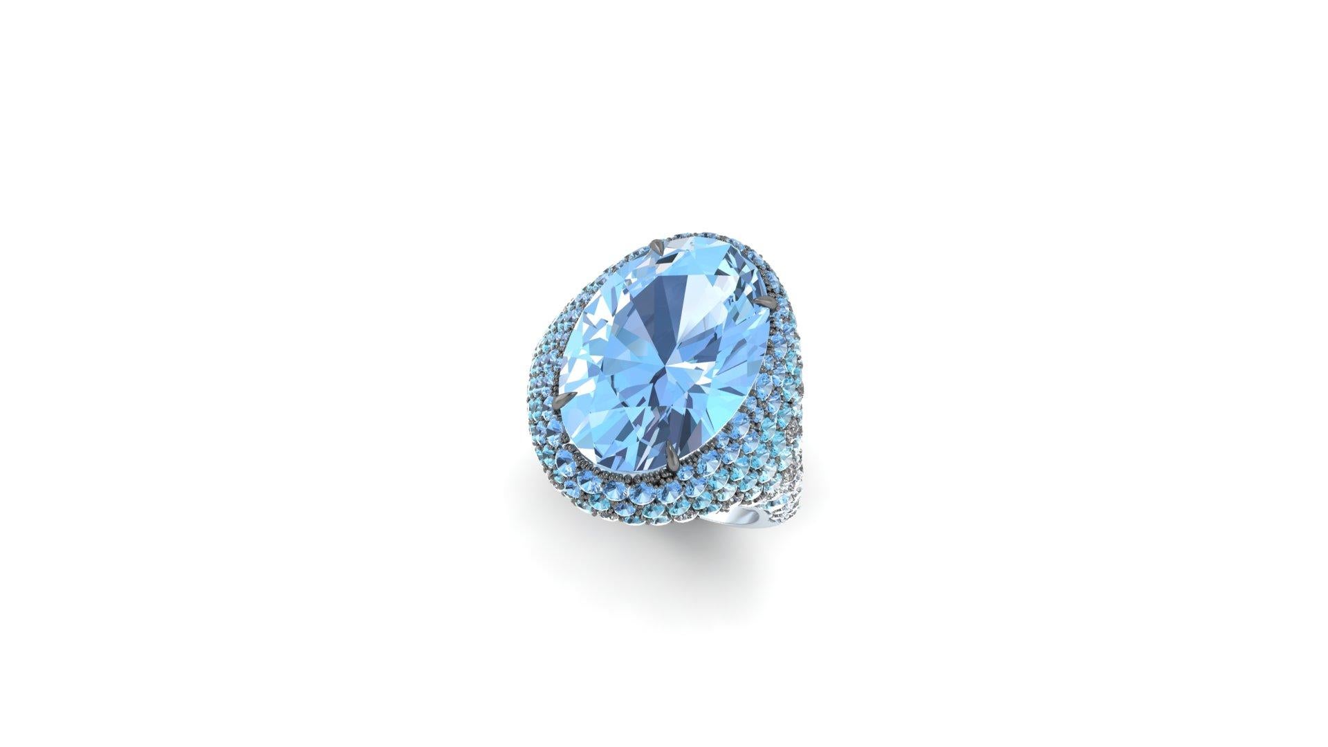 10 Karat Oval Aquamarin abgestufte Farben Aqua Diamant bedeckt 18k Gold Ring (Art nouveau) im Angebot