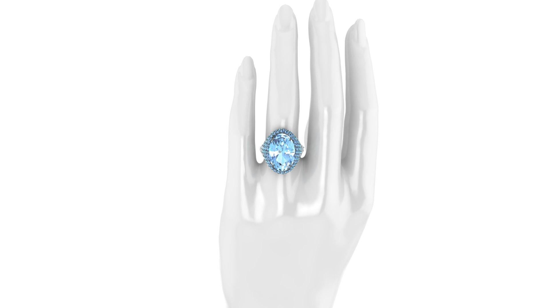 Art Nouveau 10 carat Oval Aquamarine Graduated colors Aqua Diamond Covered 18k Gold ring For Sale