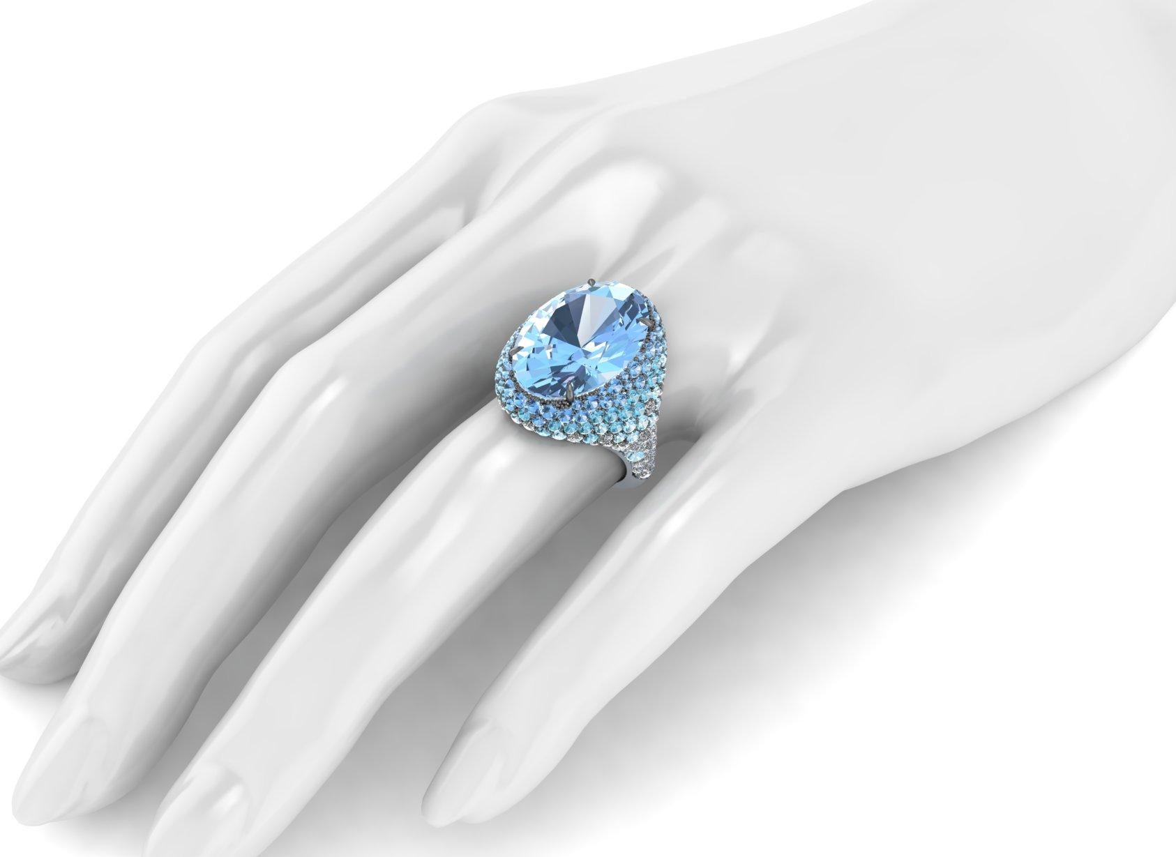 Oval Cut 10 carat Oval Aquamarine Graduated colors Aqua Diamond Covered 18k Gold ring For Sale