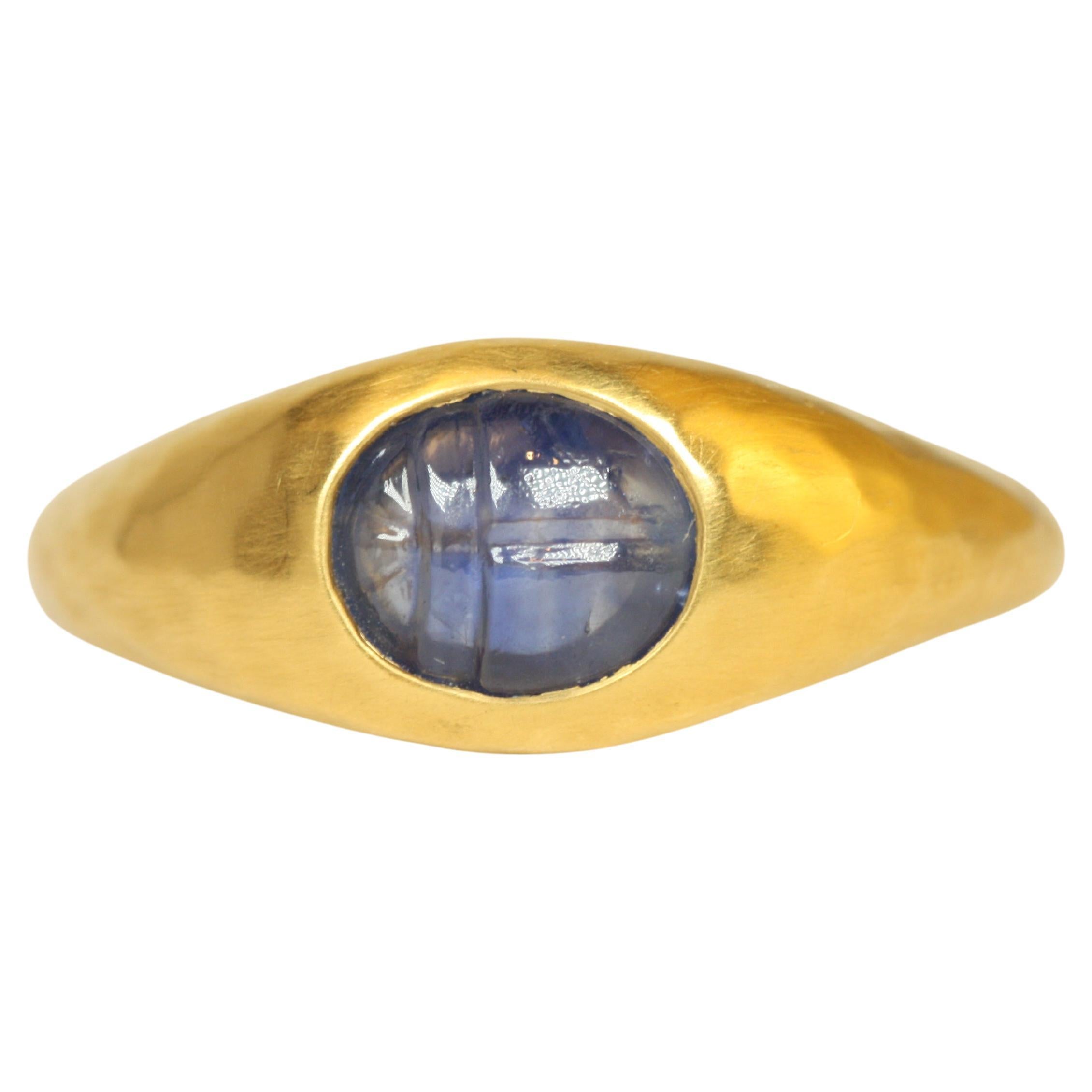 1.0 Carat Cabochon Blue Sapphire Hand-Carved Scarab 22K Yellow Gold Gypsy Ring