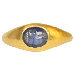 1.0 Carat Cabochon Blue Sapphire Hand-Carved Scarab 22K Yellow Gold Gypsy Ring