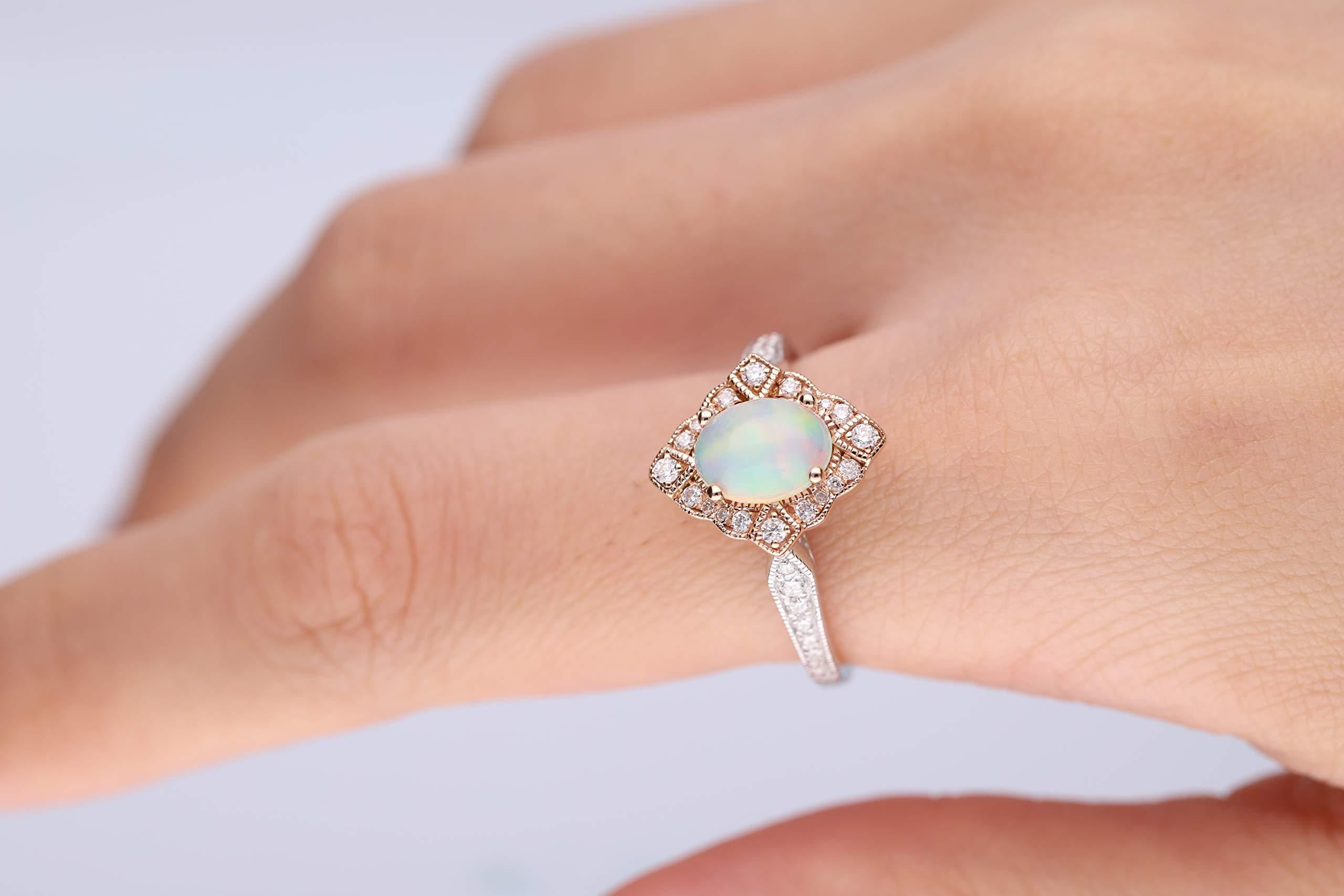 Stunning, timeless and classy eternity Unique ring. Decorate yourself in luxury with this Gin & Grace ring. The 10k Two Tone Gold jewelry boasts 8x6 mm oval cab Ethiopian Opal (1 pcs) 1.0 Carat and Round-Cut Diamond (36 pcs) 0.26 Carat accent stones