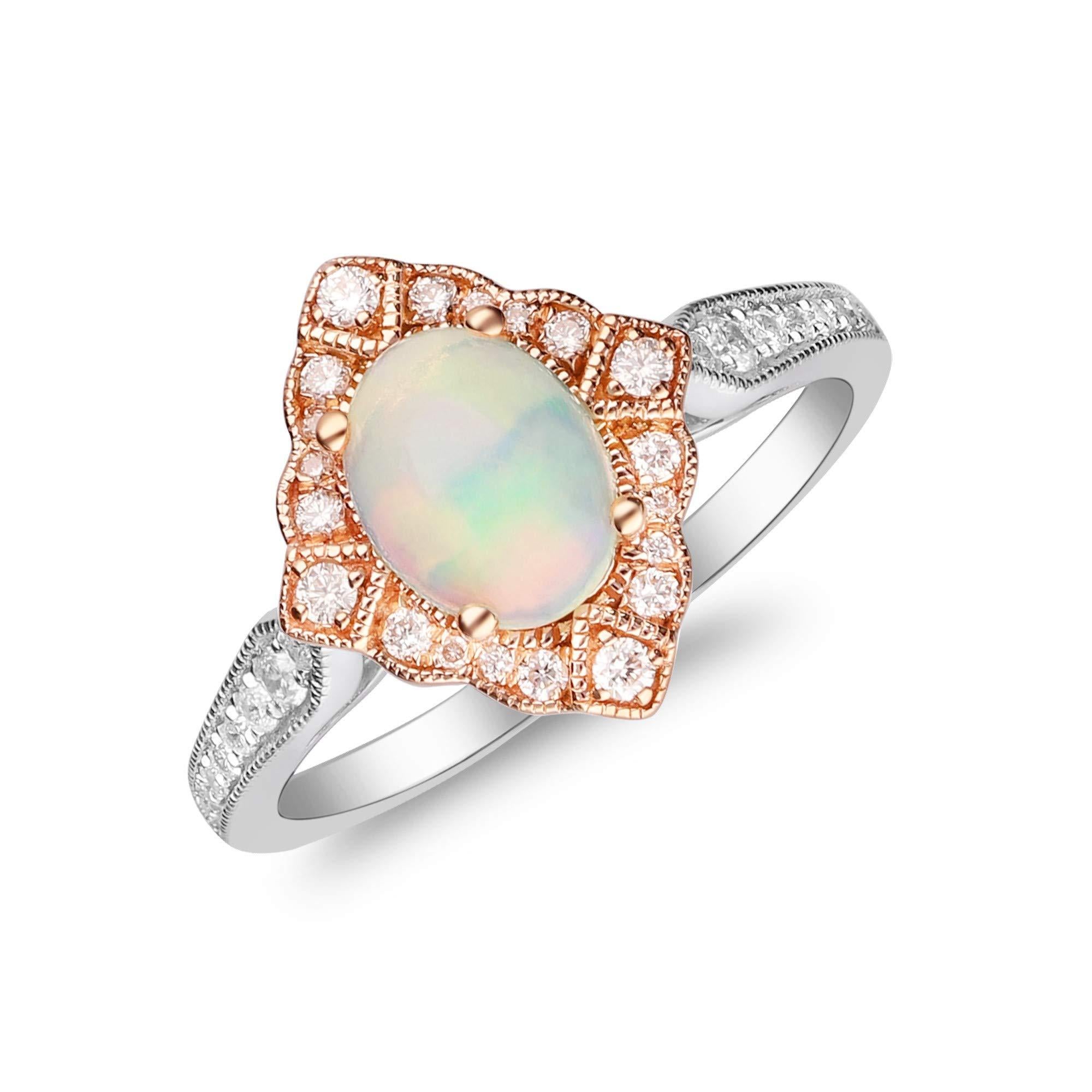 Oval Cut 1.0 Carat Oval-Cab Ethiopian Opal with Diamond Accents 10K Two Tone Gold Ring For Sale