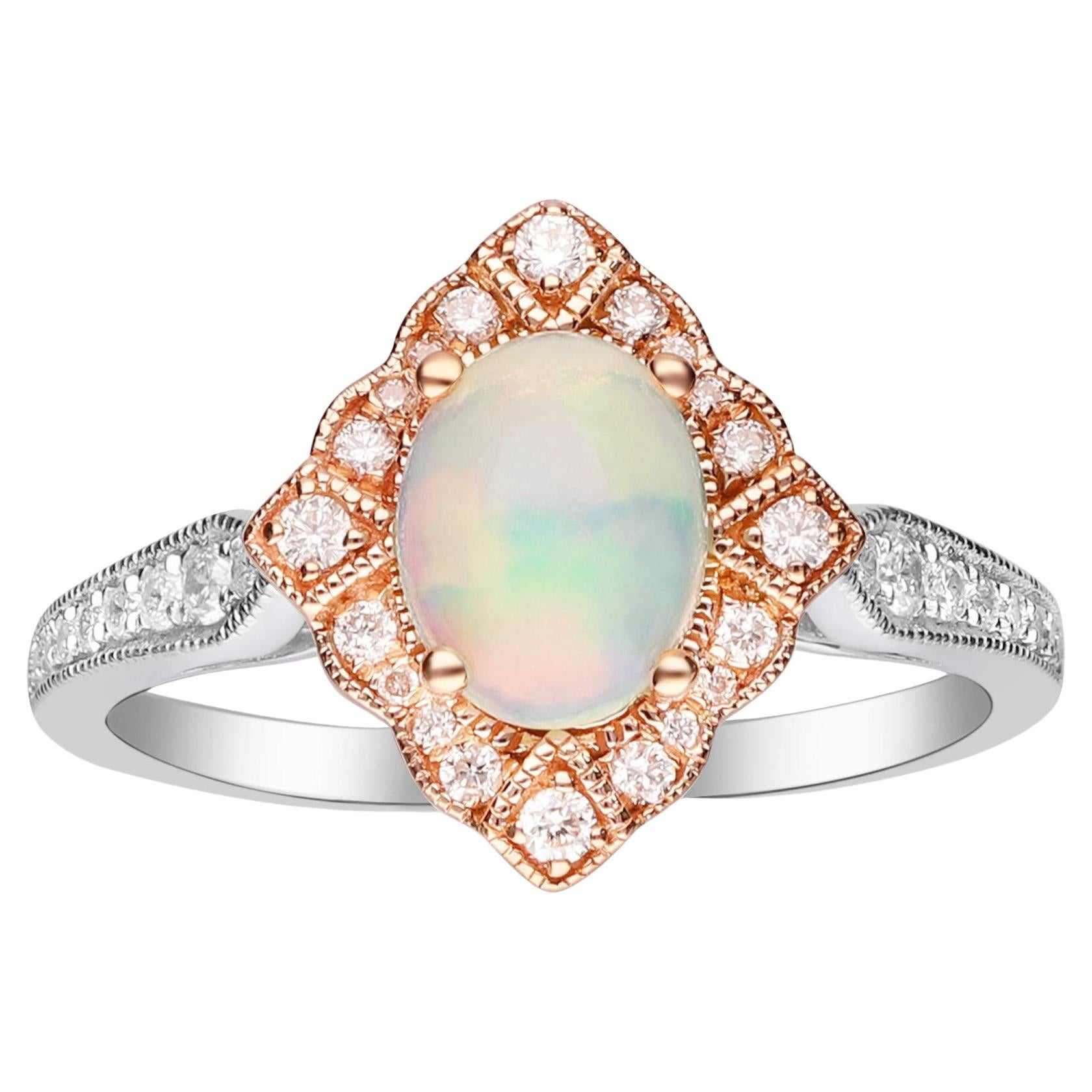 1,0 Karat ovaler äthiopischer Opal im Kranzschliff mit Diamant-Akzenten 10K zweifarbiger Goldring im Angebot