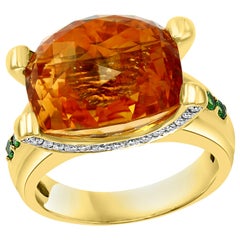 10 Carat Oval Citrine Tsavorite and Diamond Ring in 18 Karat Yellow Gold, Estate