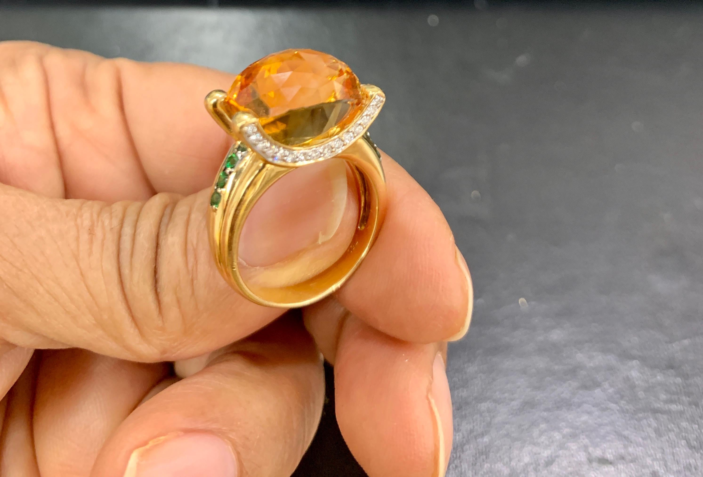 Oval Cut 10 Carat Oval Citrine Tsavorite and Diamond Ring in 18 Karat Yellow Gold, Estate