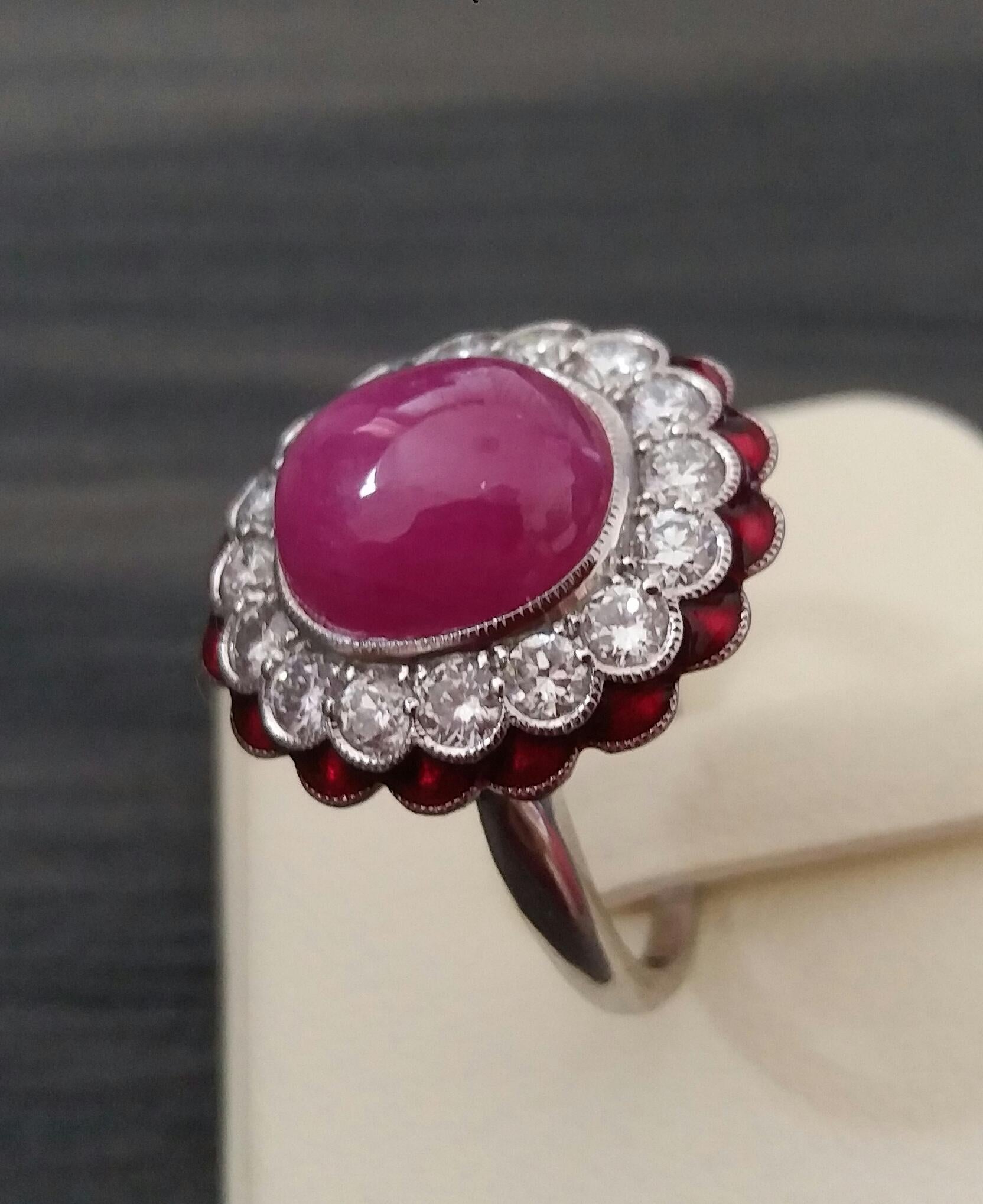 10 Carat Oval Ruby Cab 1 Carat Diamonds Red Enamel 14K White Gold Cocktail Ring For Sale 1
