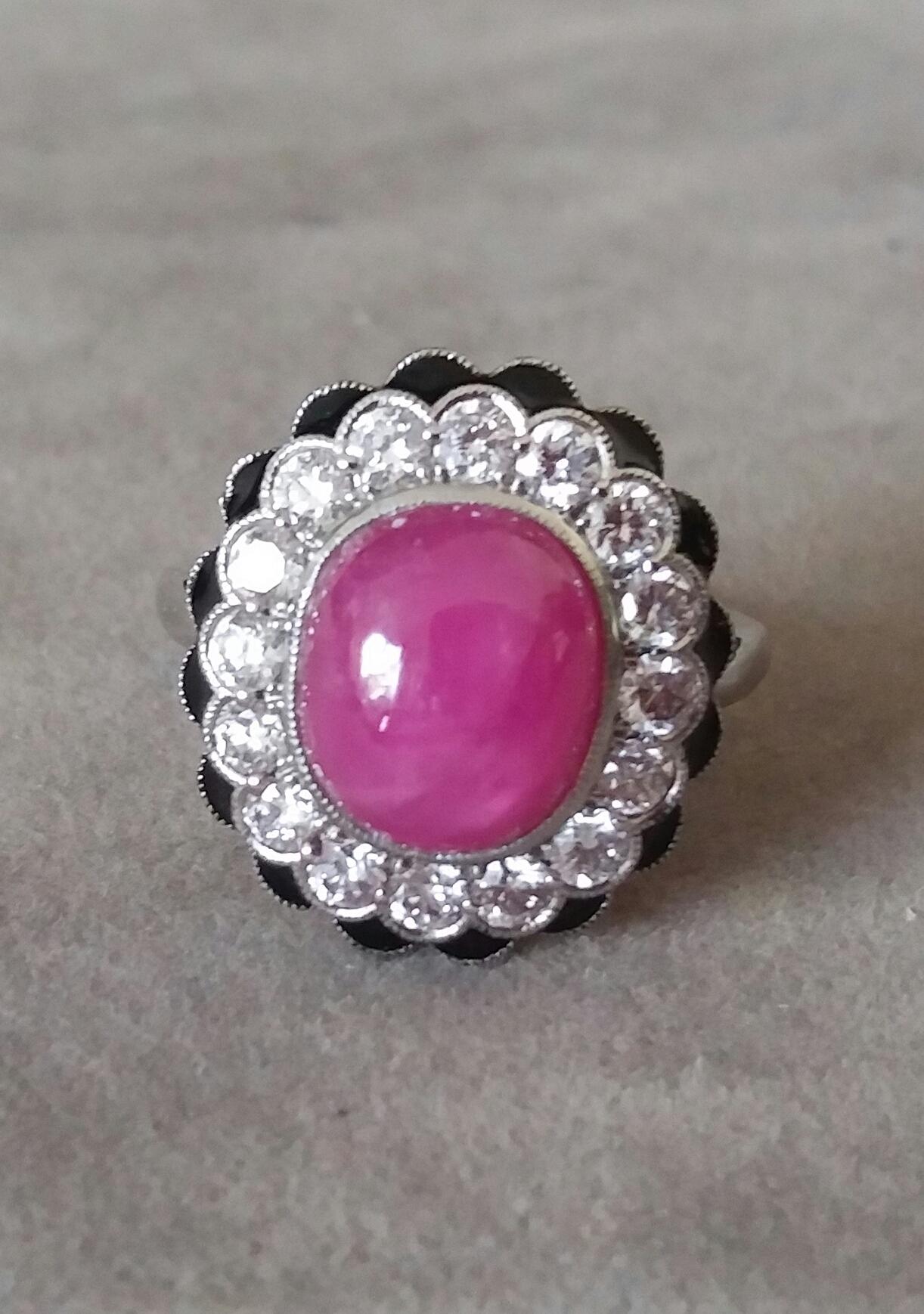 10 Carat Oval Ruby Cab 1 Carat Diamonds Red Enamel 14k White Gold Cocktail Ring For Sale 4