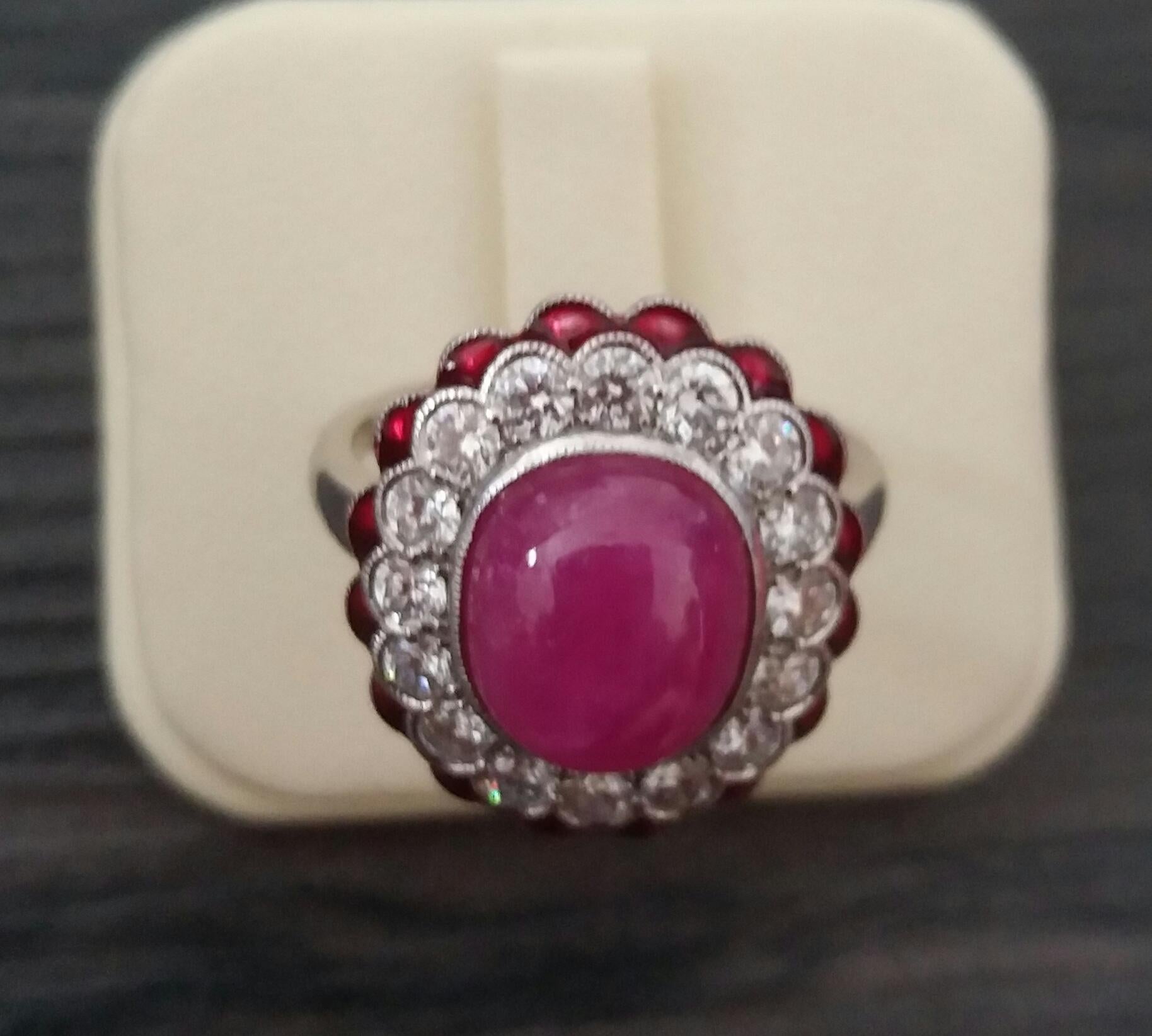 10 Carat Oval Ruby Cab 1 Carat Diamonds Red Enamel 14K White Gold Cocktail Ring For Sale 2